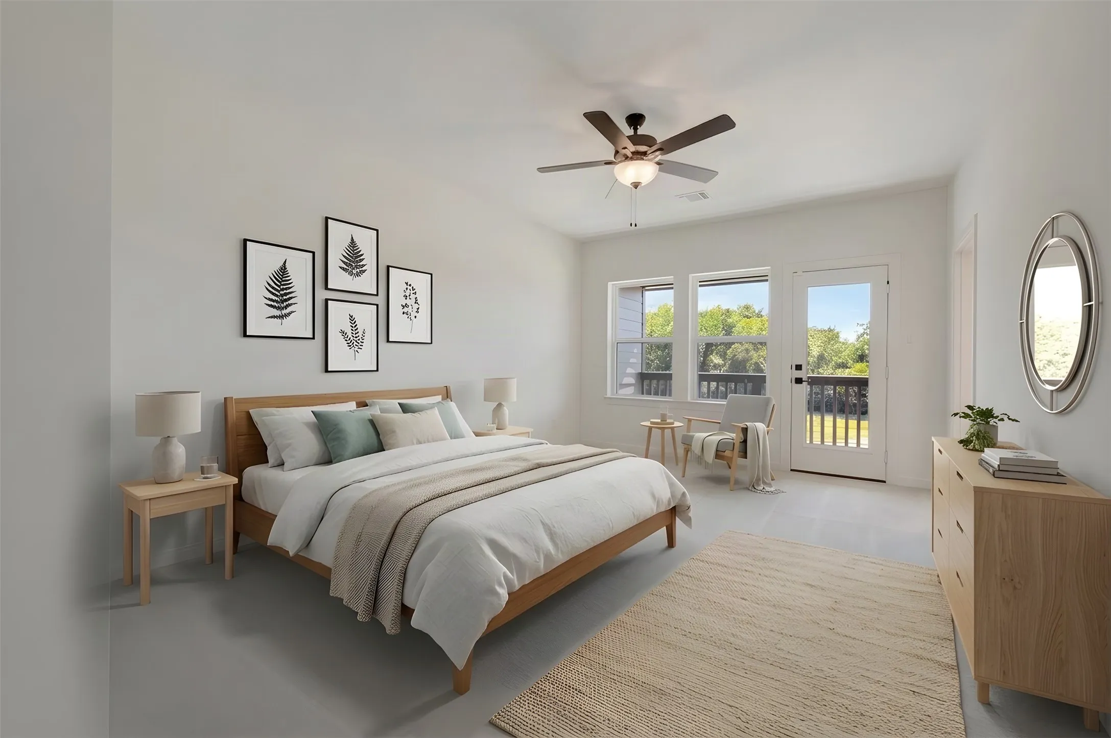 Ceiling fan with integrated lighting, multiple windows, door providing exterior access, white walls, and light-colored flooring