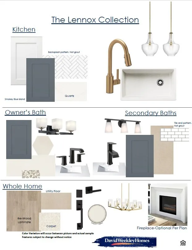 Interior Finish Selections. Displaying material and fixture choices for the property's kitchen, baths, and general areas