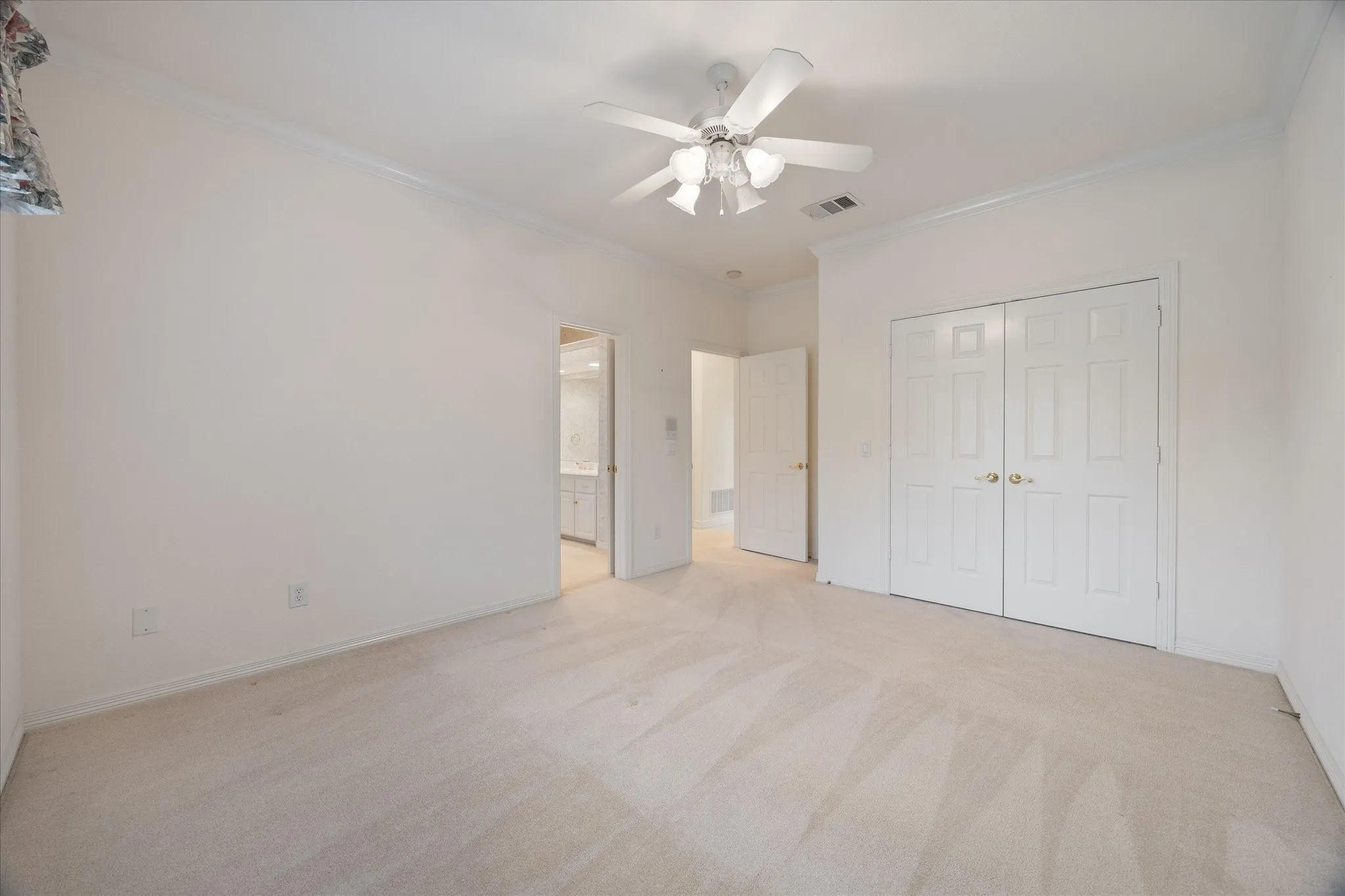 This room features light-colored carpeting, a ceiling fan, crown molding, and two white bi-fold doors
