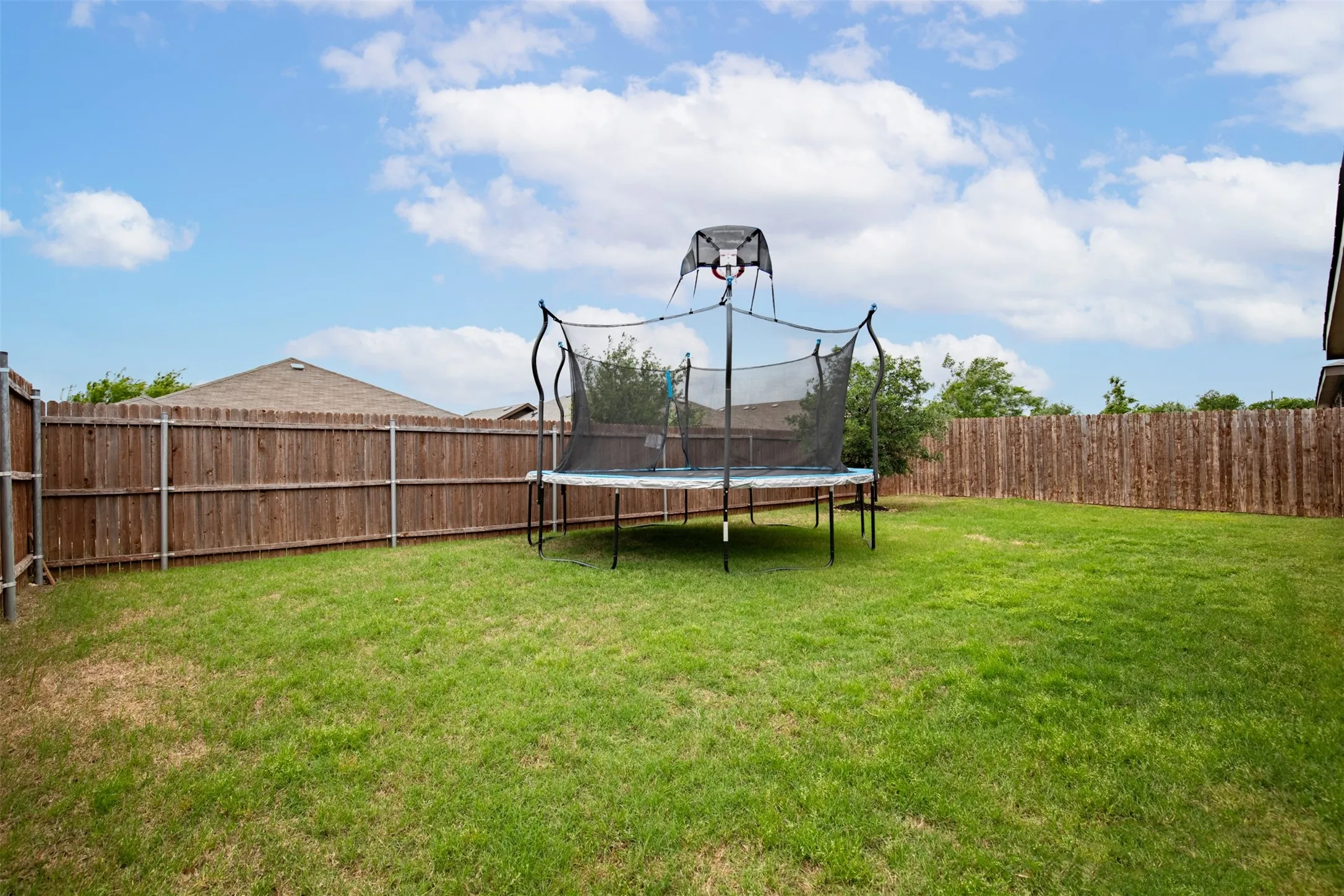 Flat backyard with lots of room for running and playing.