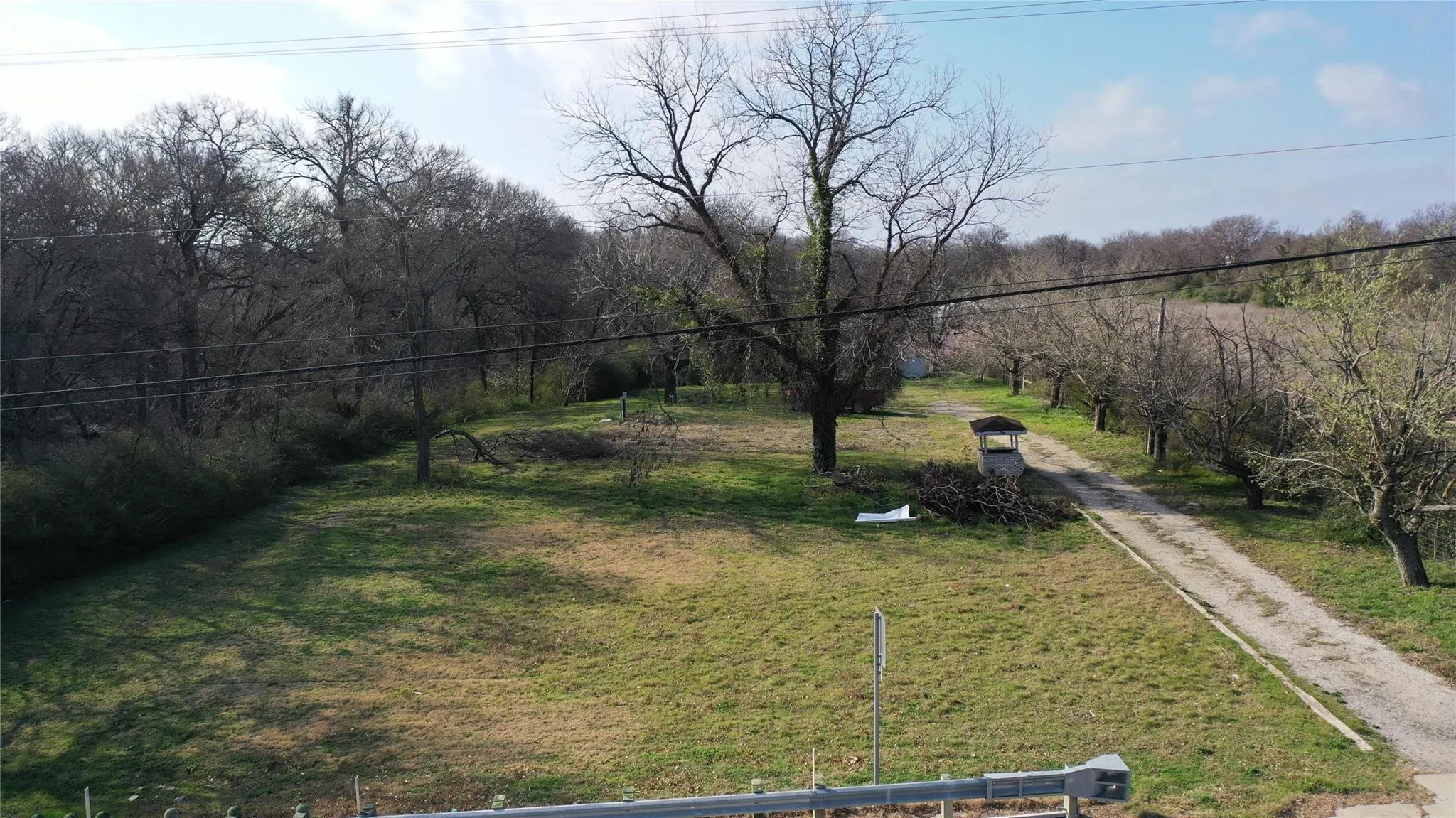 Expansive lot featuring a dirt driveway, mature trees, and a grassy area