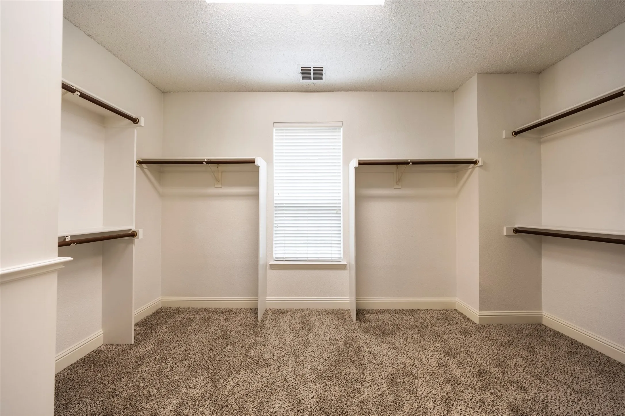 Spacious closet featuring wall-mounted hanging rods and shelving, with a window providing natural light and carpeted flooring