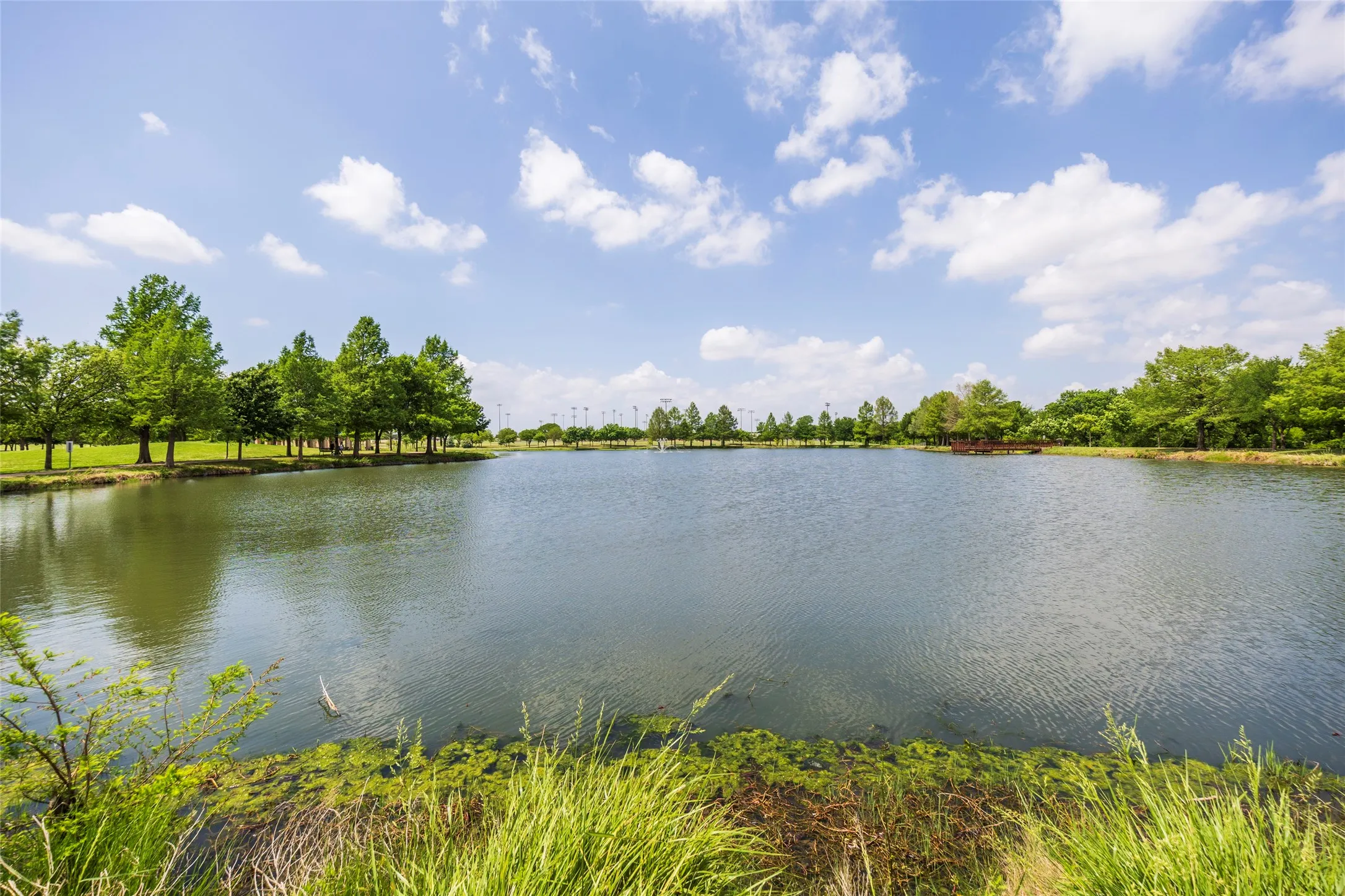 Expansive lake views with surrounding green spaces and mature trees