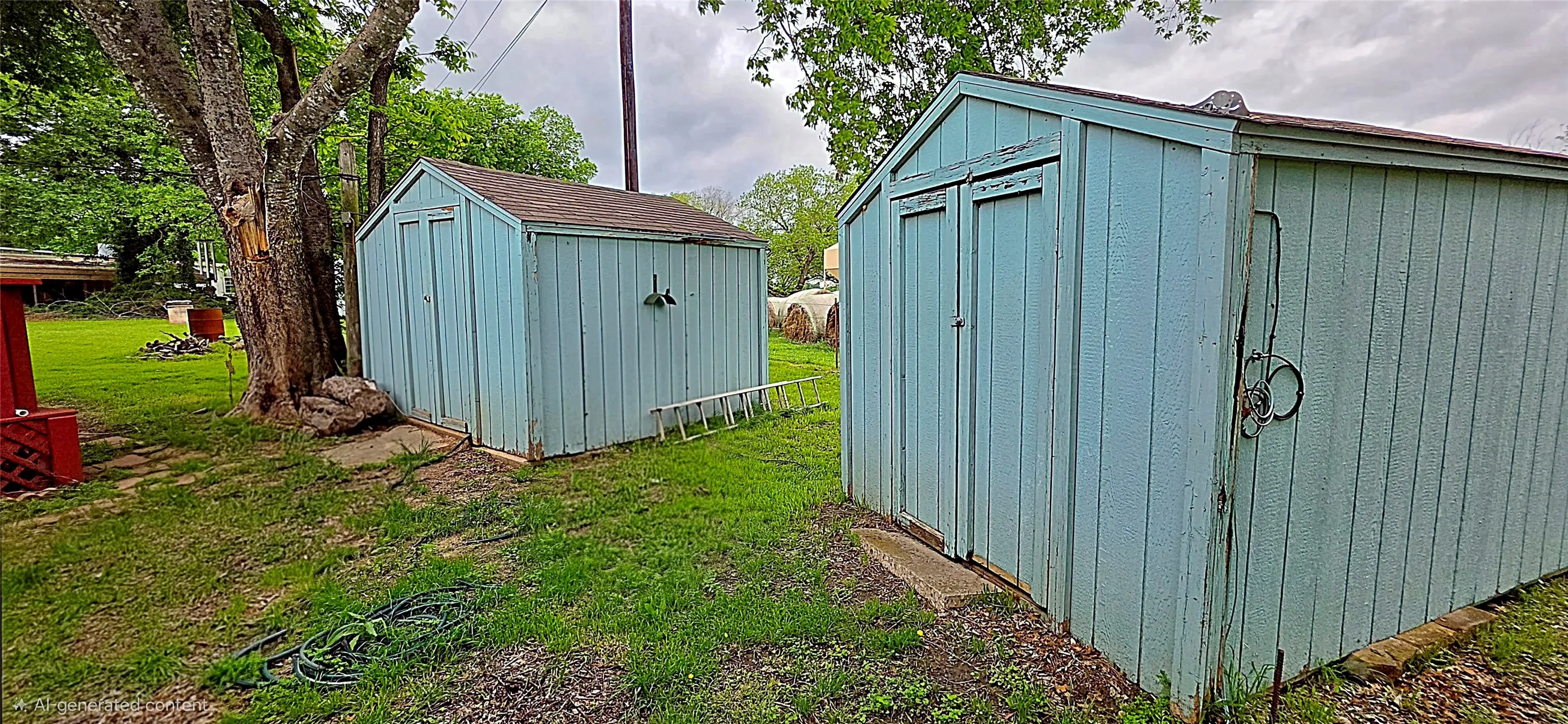 Storage buildings behind the home.