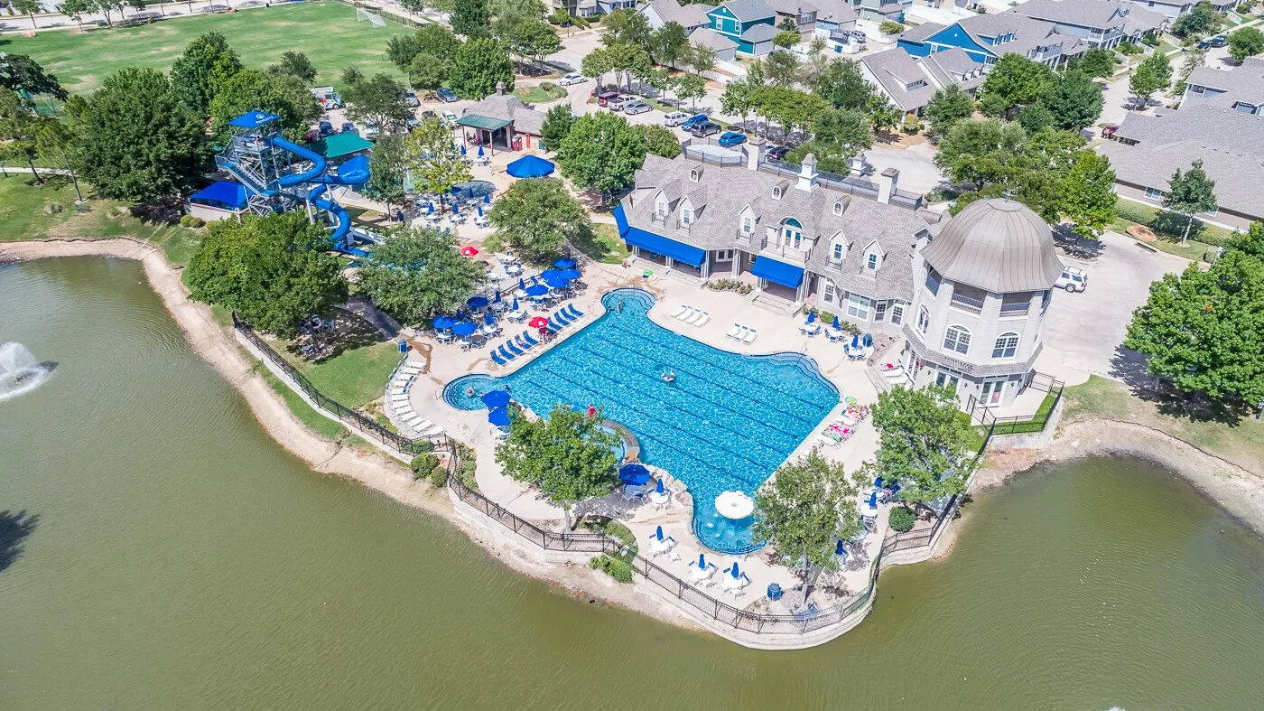 Aerial view of a large body of water and a pool