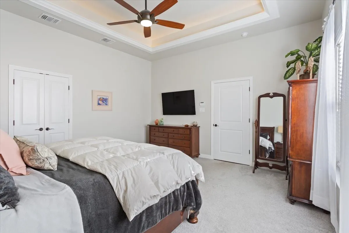 This bedroom features a tray ceiling with a ceiling fan, light gray carpeting, and light-colored walls