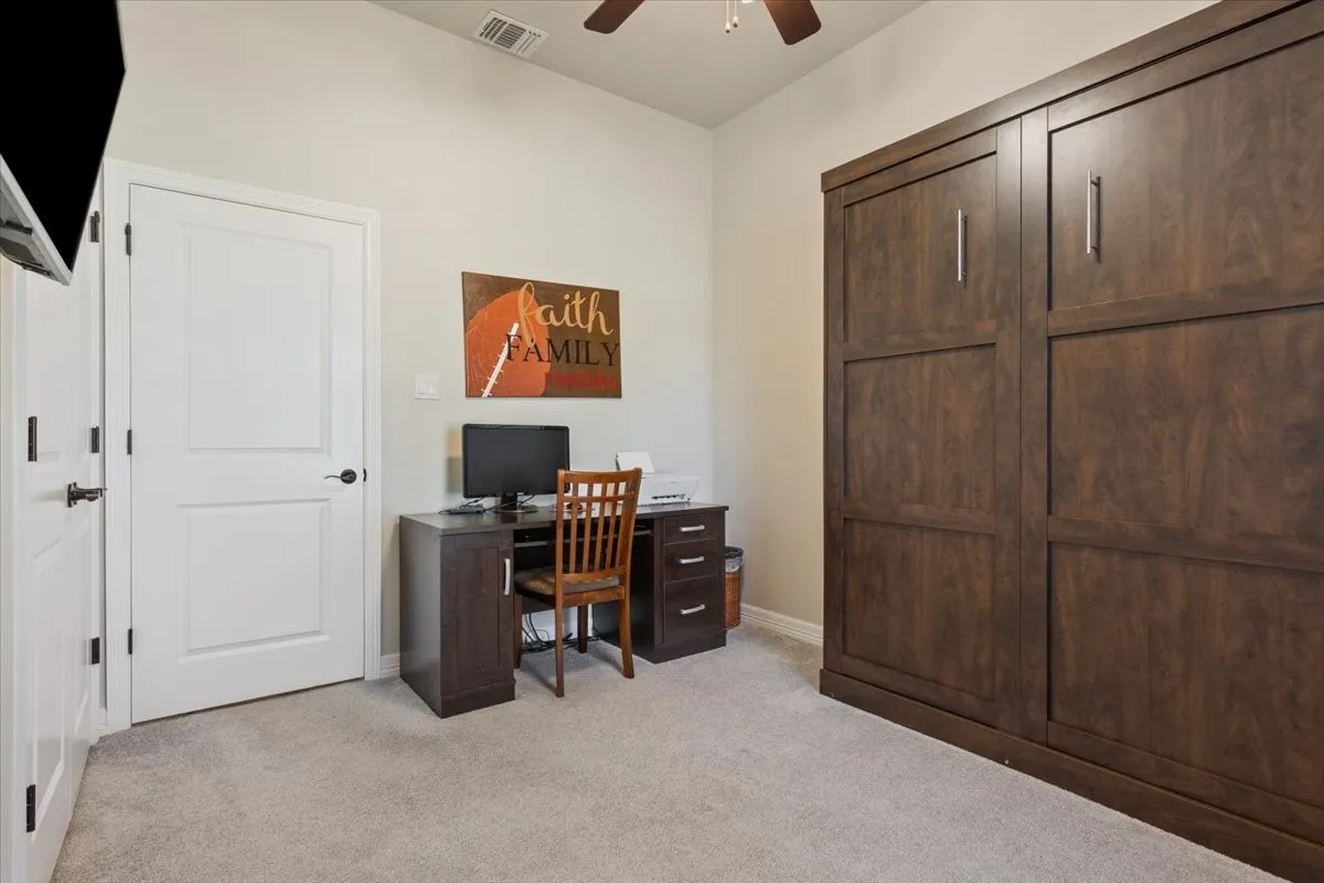 Room featuring light-colored carpet, a ceiling fan, and a wall-mounted wooden cabinet