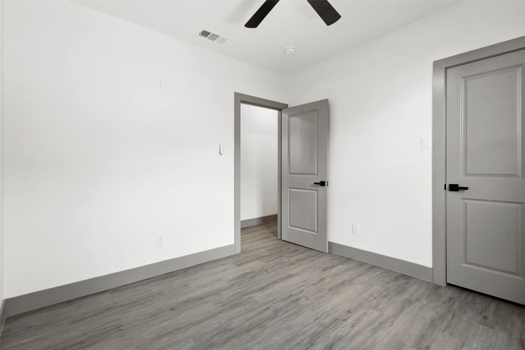 This room features light-colored walls, grey doors with black hardware, and wood-look flooring
