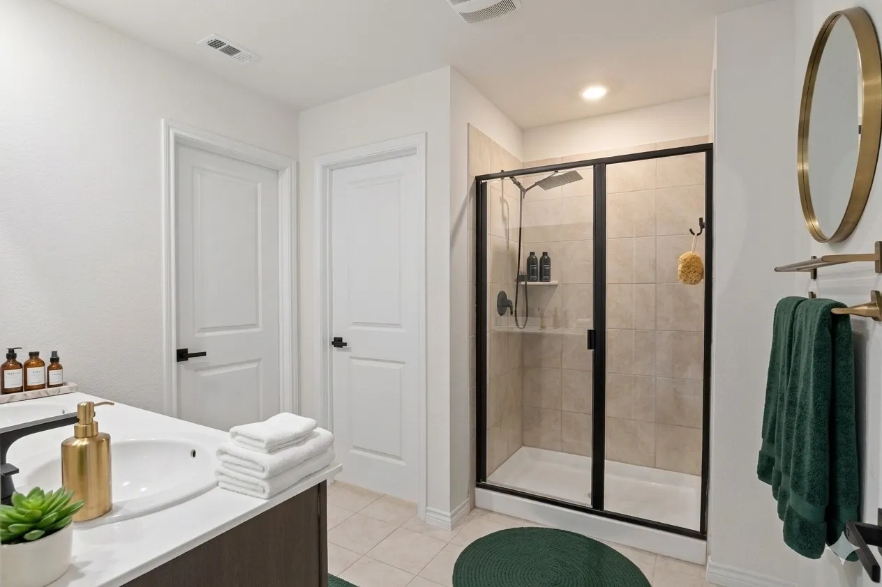 This bathroom features a contemporary vanity with a white countertop and an undermount sink