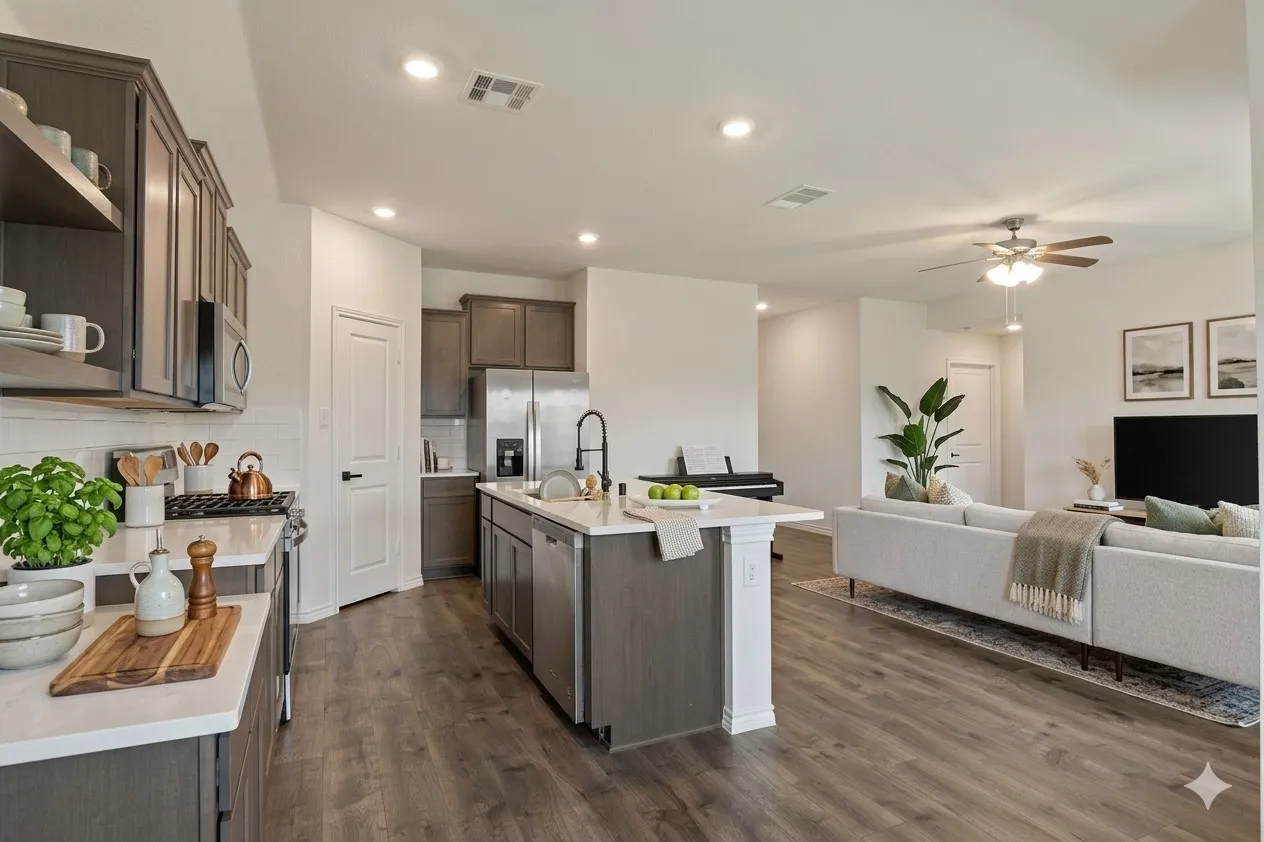 The open-concept living area features wood-look flooring, a kitchen with an island, and stainless steel appliances