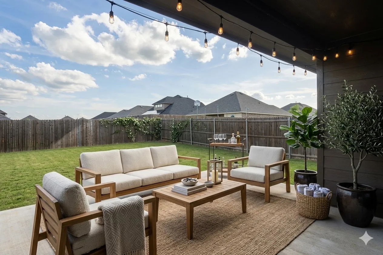 The property features a covered patio with string lights, providing an ideal outdoor living space