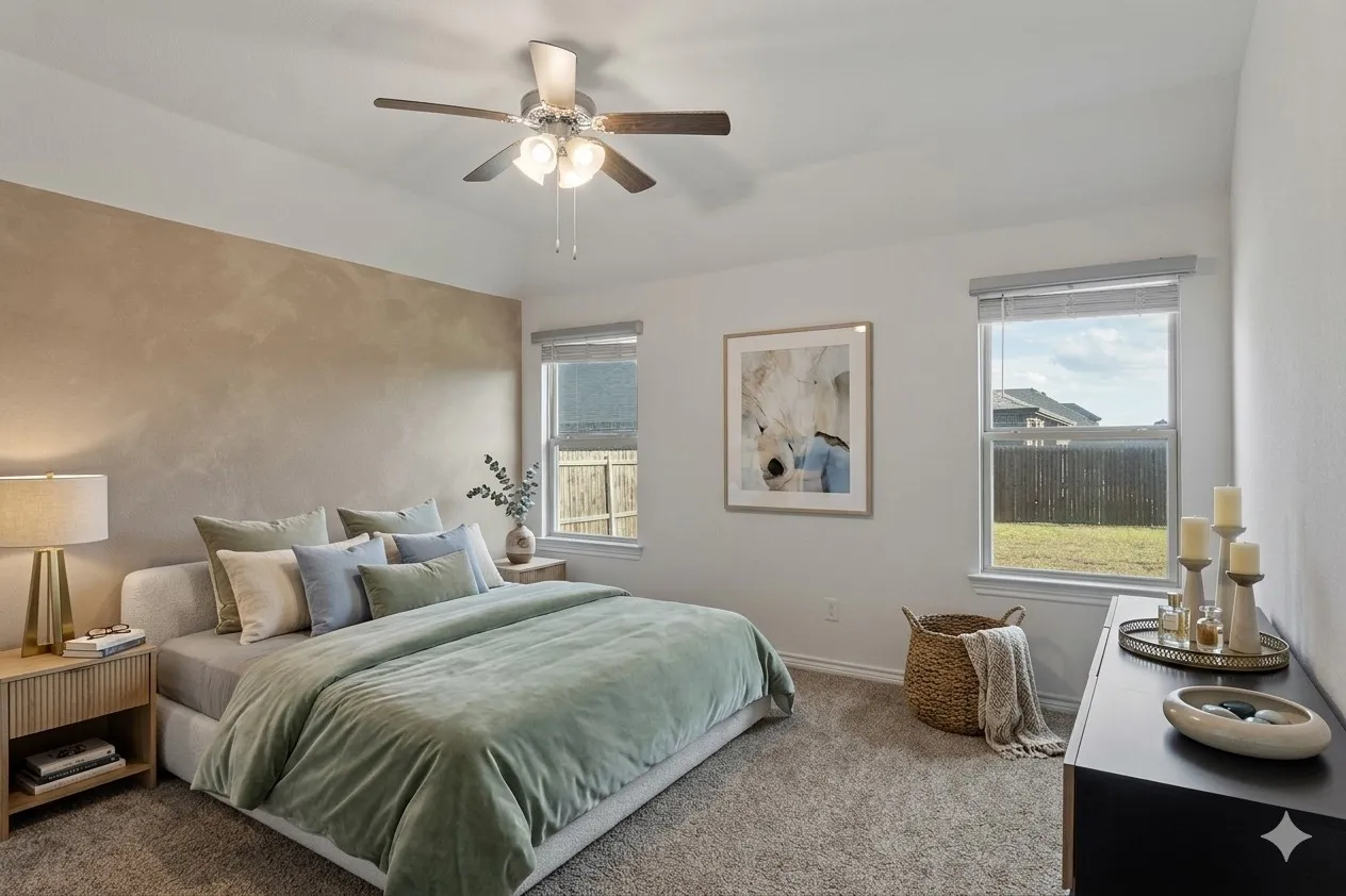 This bedroom features a ceiling fan, two windows with blinds, and carpeted flooring