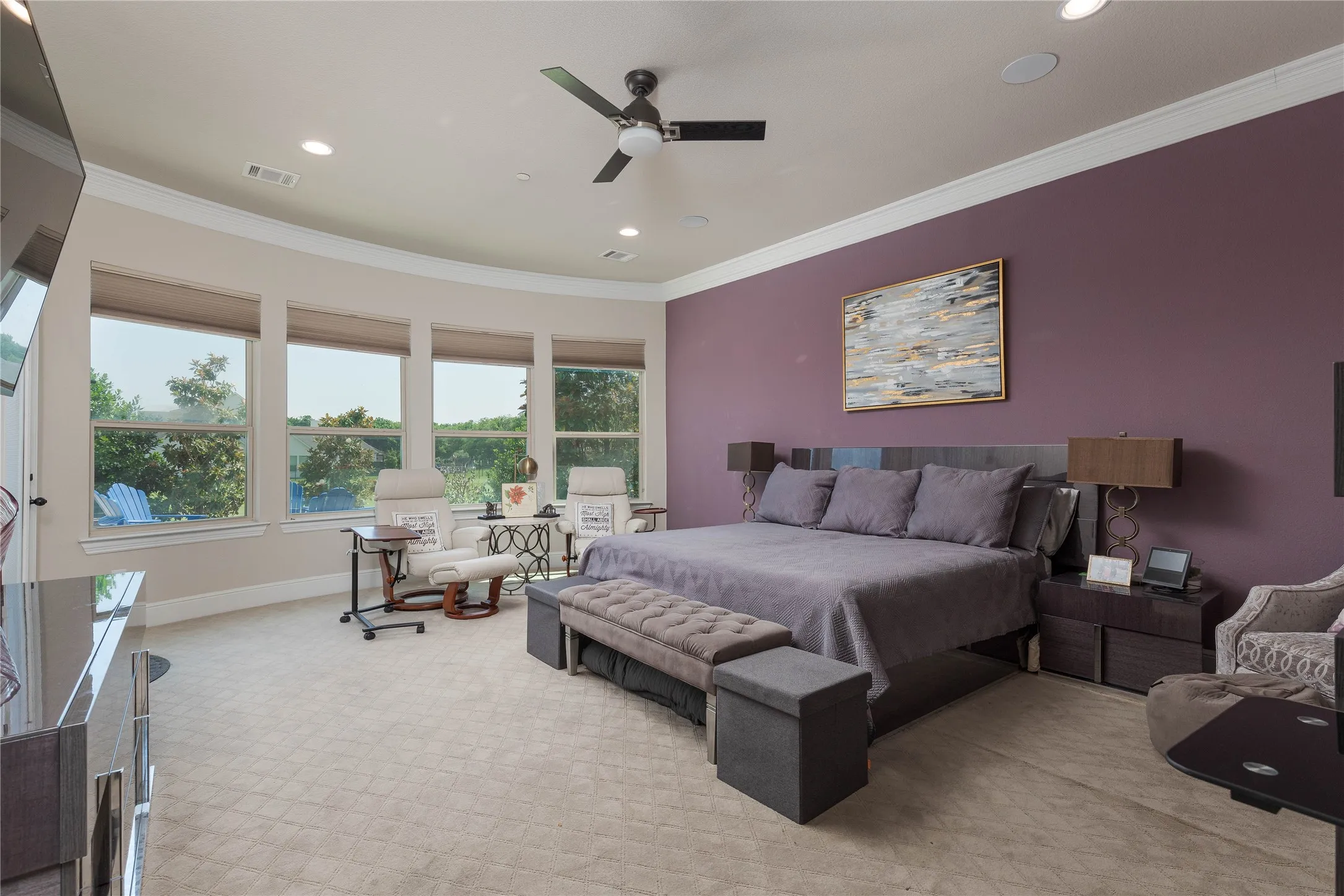 Bedroom with light carpet, visible vents, recessed lighting, and ornamental molding