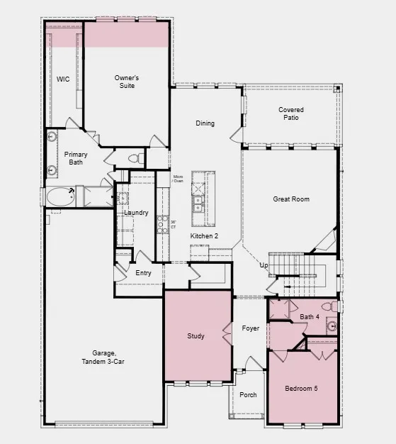 Additional Highlights Include: Extended primary suite and walk-in closet, study in place of formal dining, downstairs bedroom in place of study, full bathroom in place of powder room, media room in place of bedroom, 6-Lite horizontal mahogany entry door, and gas drop at patio.