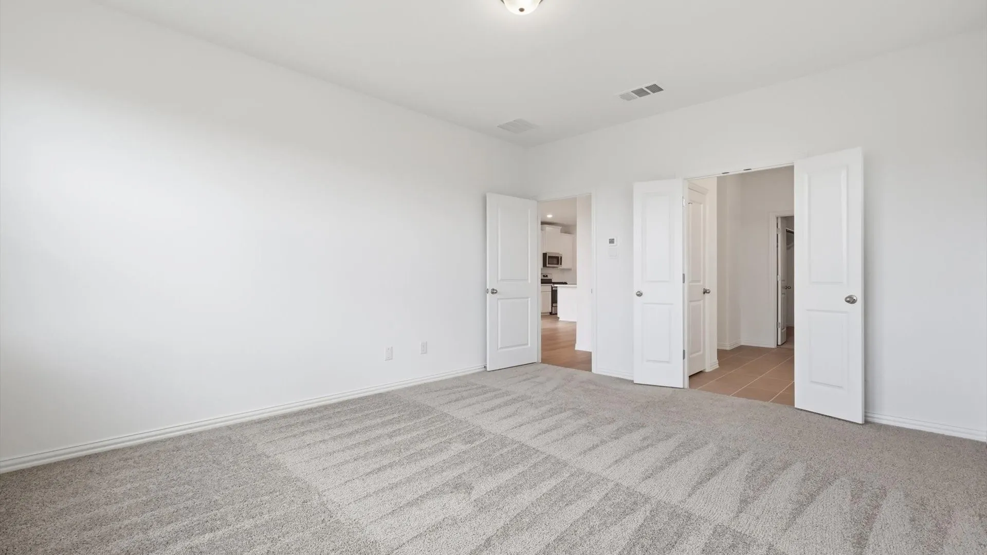 Spacious interior room with light gray patterned carpet, white walls, and multiple white panel doors