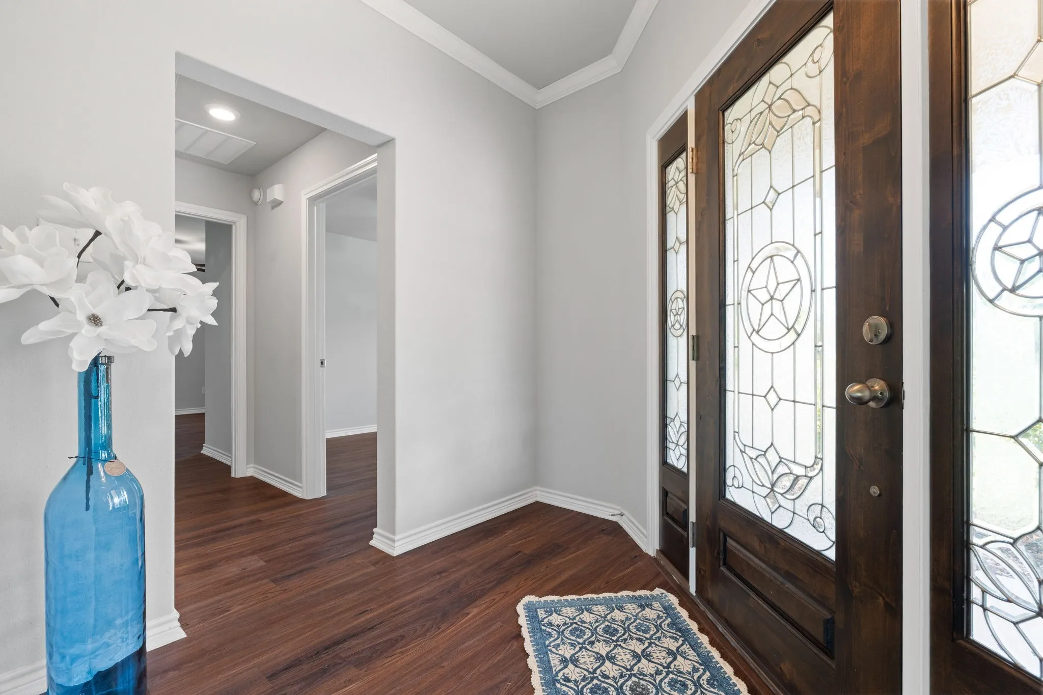 Foyer and leaded glass door and windows