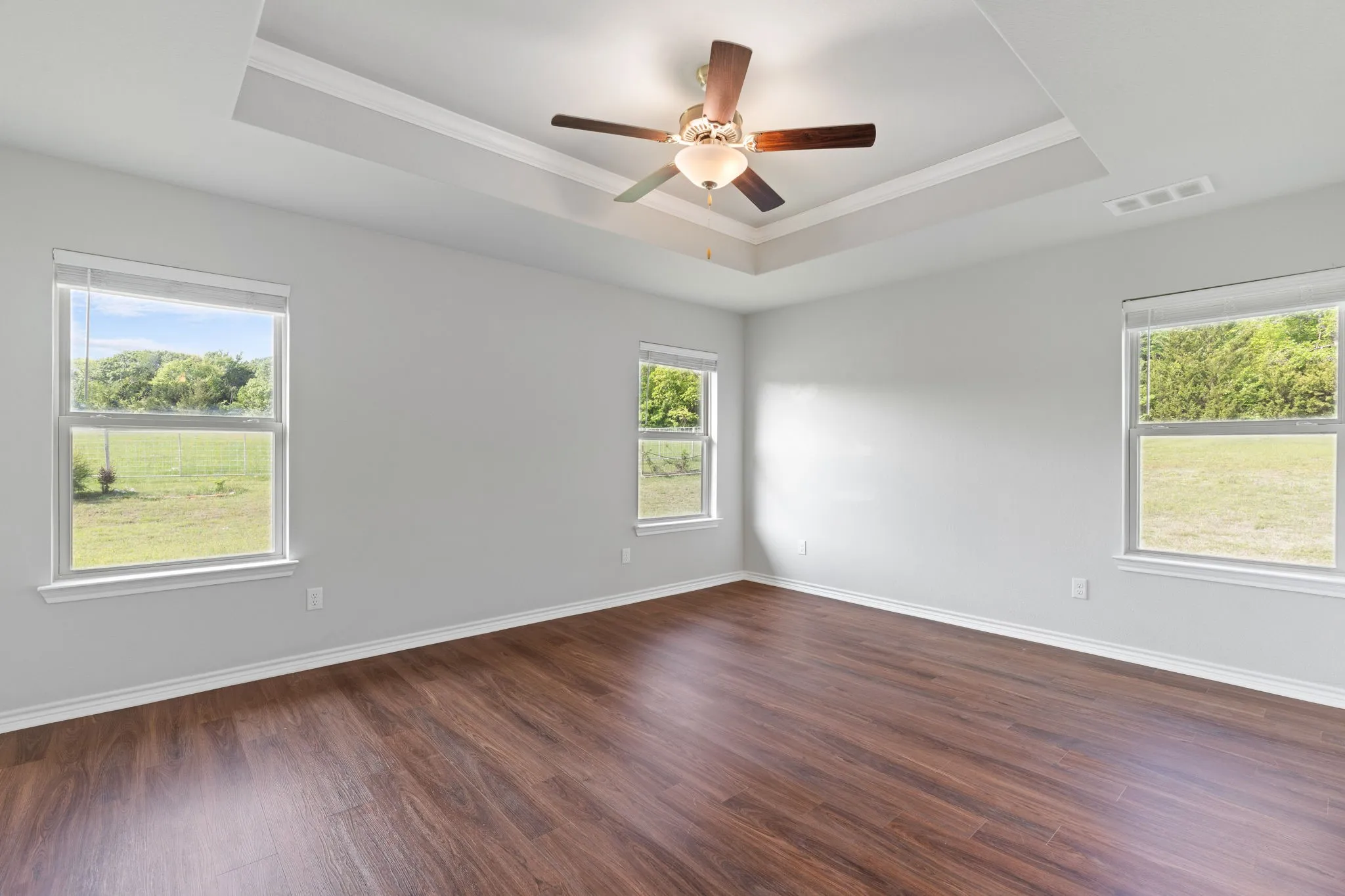 Primary bedroom with tray ceiling and pasture views