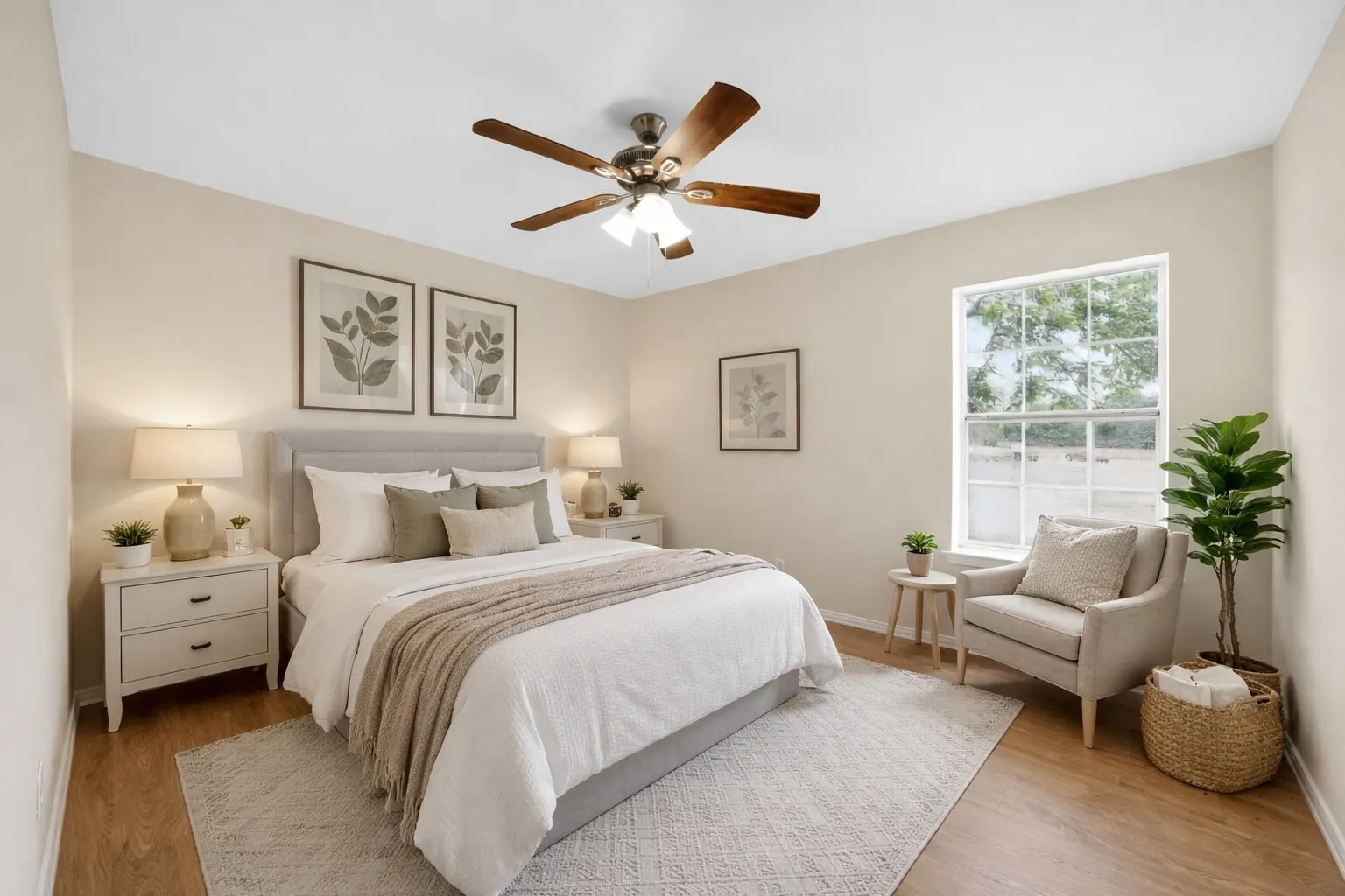 This inviting room features light-colored walls, wood-look flooring, and a ceiling fan with integrated lighting - Virtually Staged