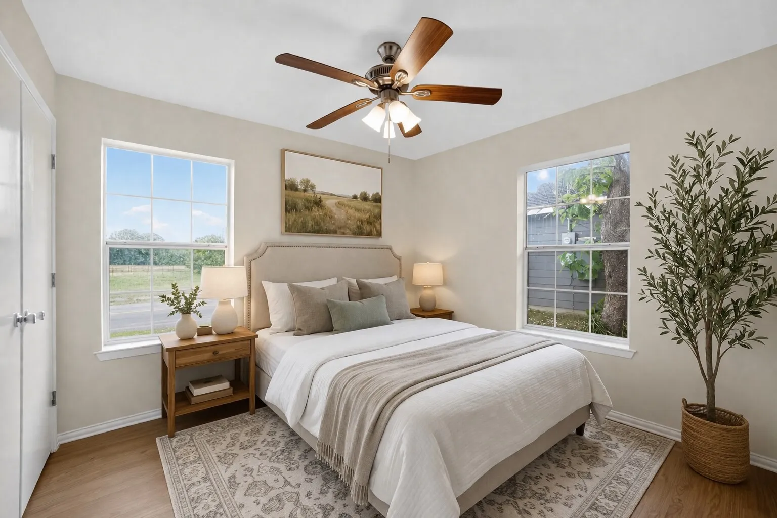 This room features hardwood flooring, two windows providing natural light, and a ceiling fan with integrated lighting - Virtually Staged