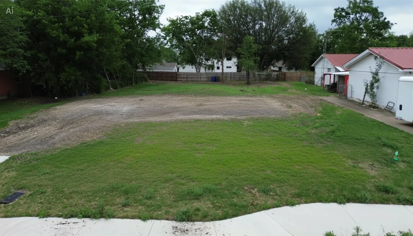 Spacious cleared lot with established green grass and surrounding mature trees