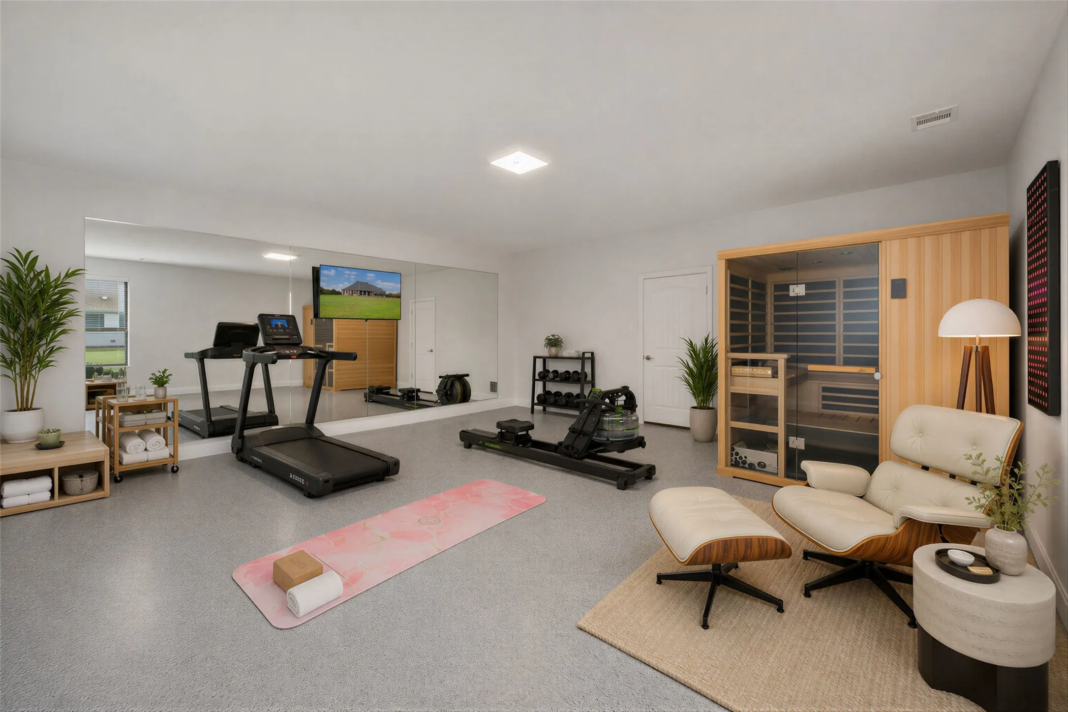 *Virtual Staging* Gym features a full-wall mirror, TV and durable flooring