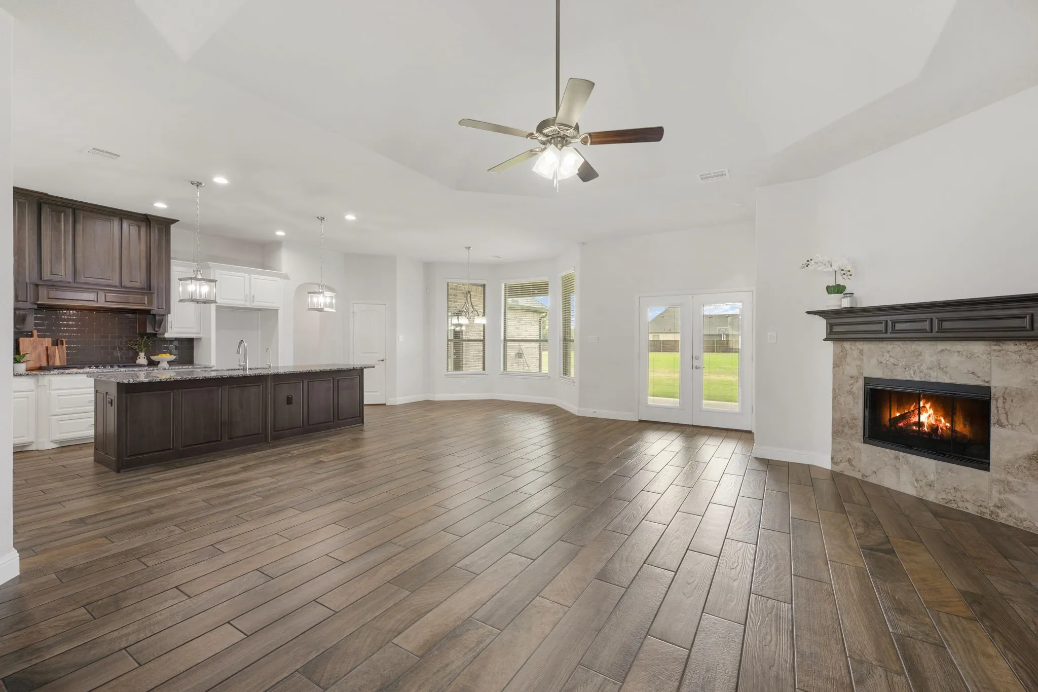 Large living room open to the kitchen and dining