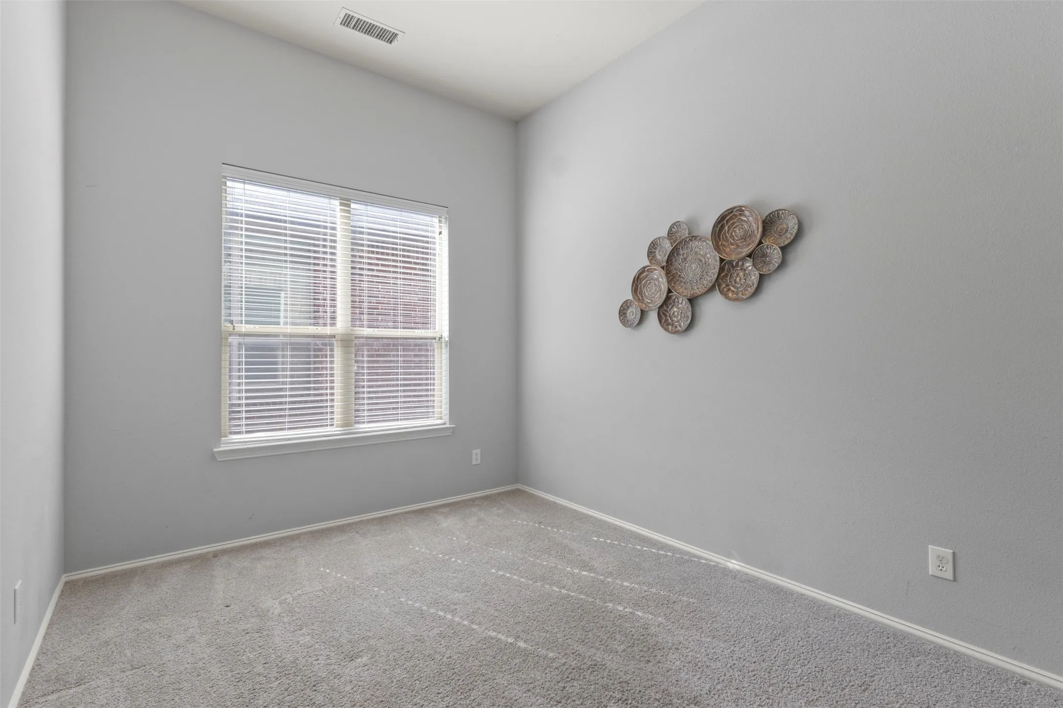 This room features light grey carpeting, white baseboards, and a window with white blinds