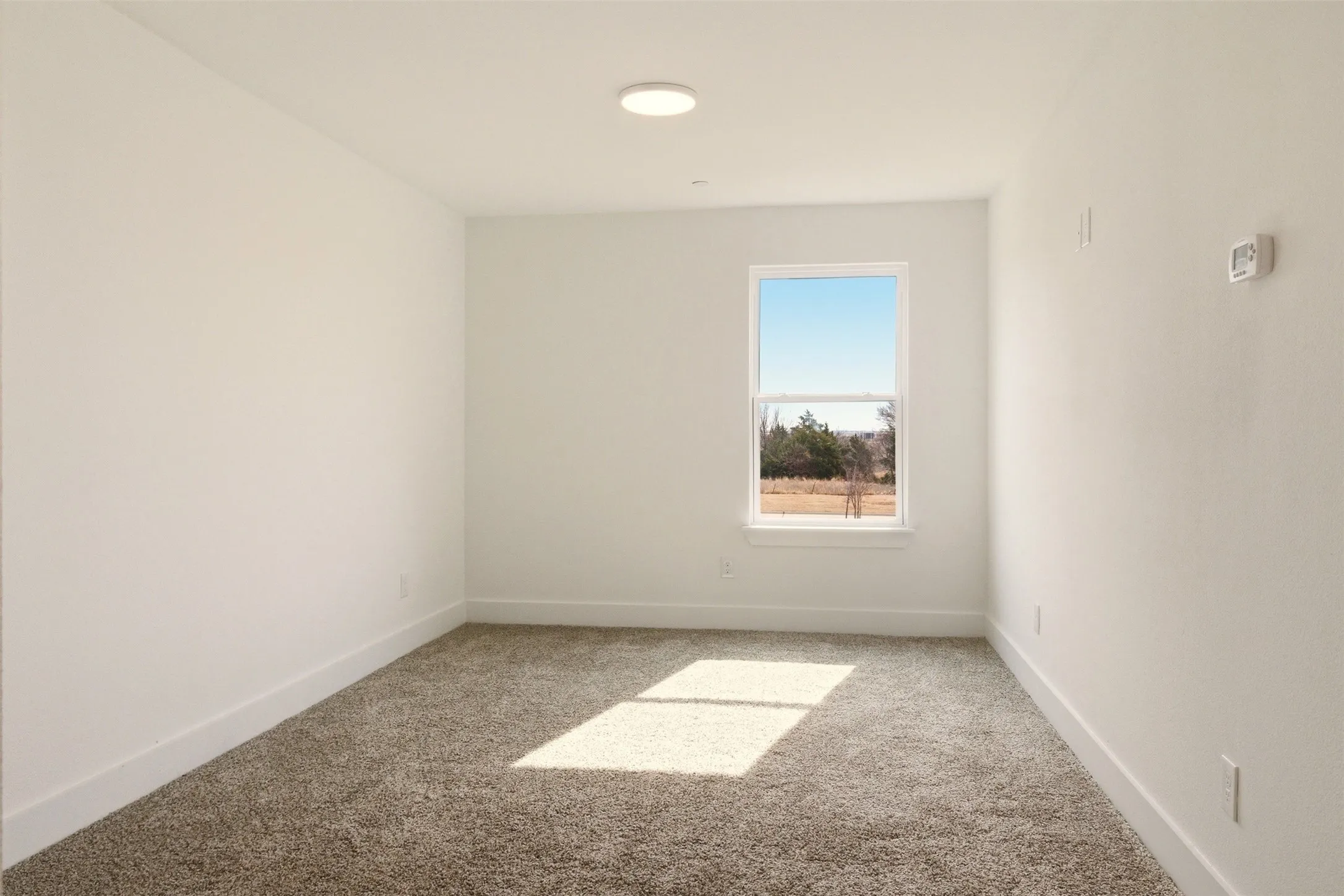 This room features light-colored carpet, a window providing natural light, and a modern ceiling light fixture