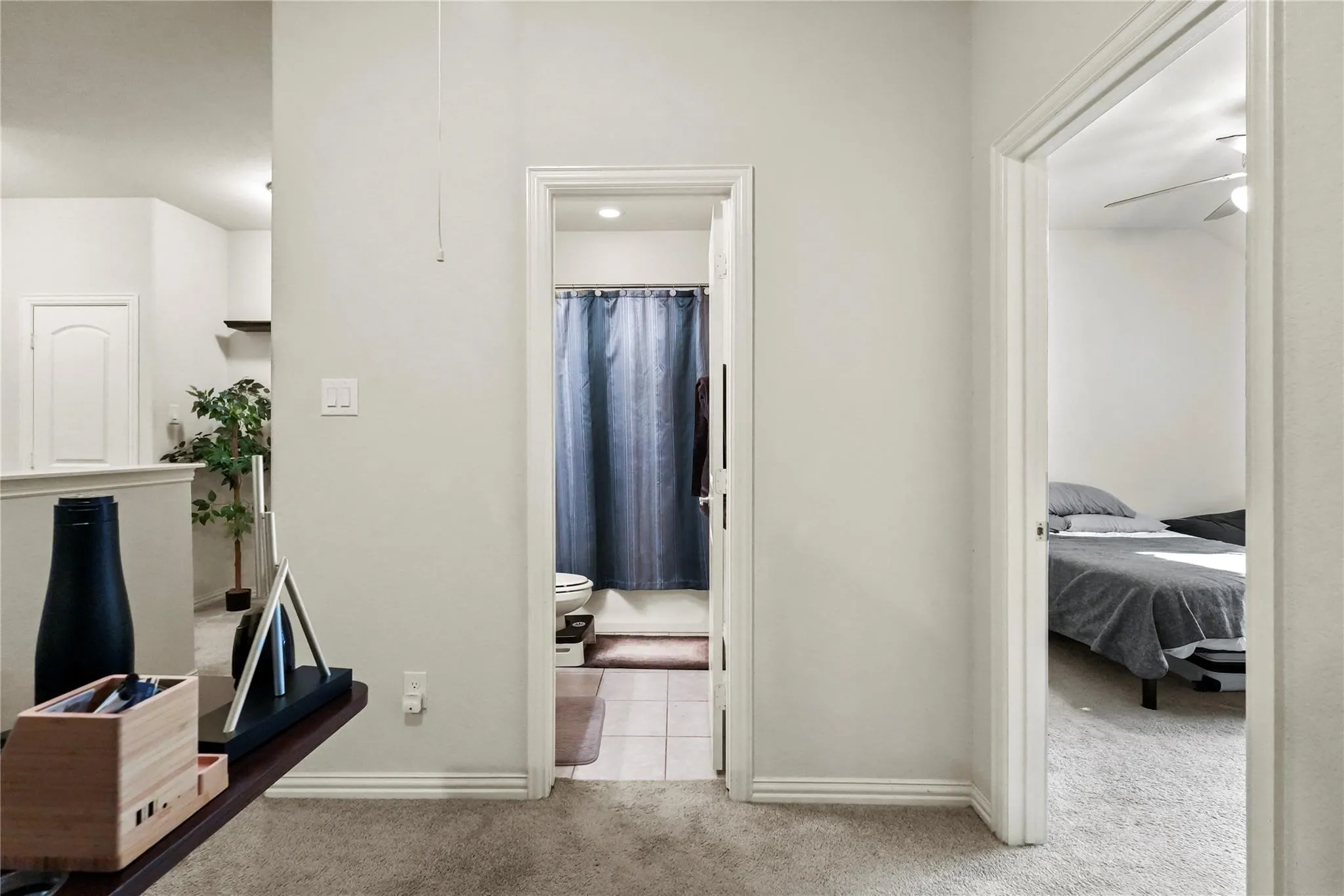 Hall with light colored carpet and baseboards