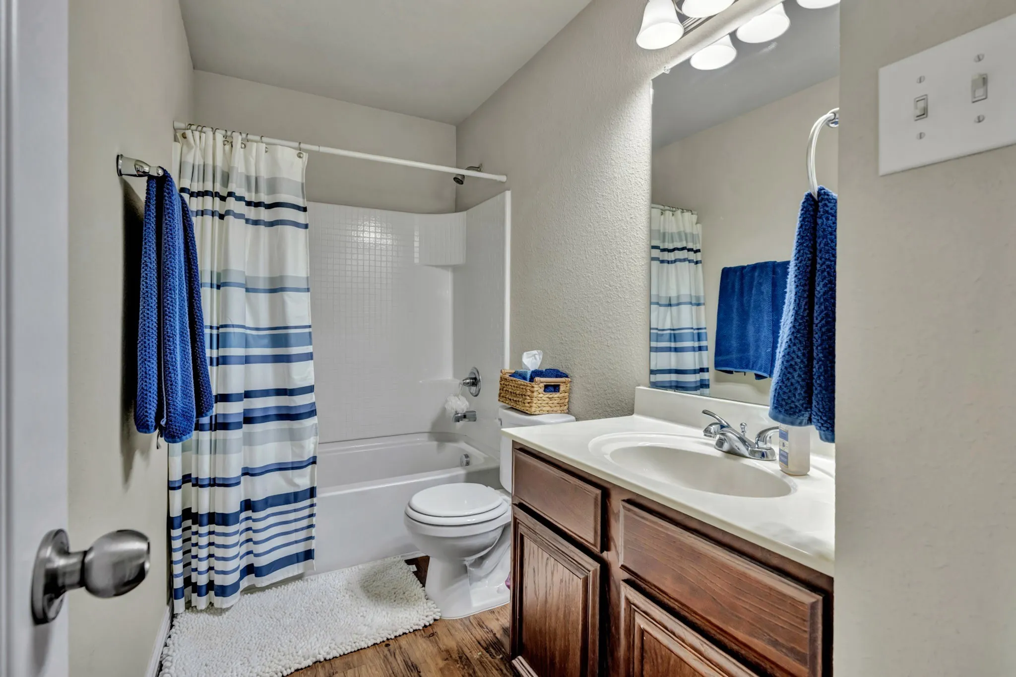 The bathroom features a vanity with a white countertop and wood cabinetry, a mirror with overhead lighting, and a shower-tub combination