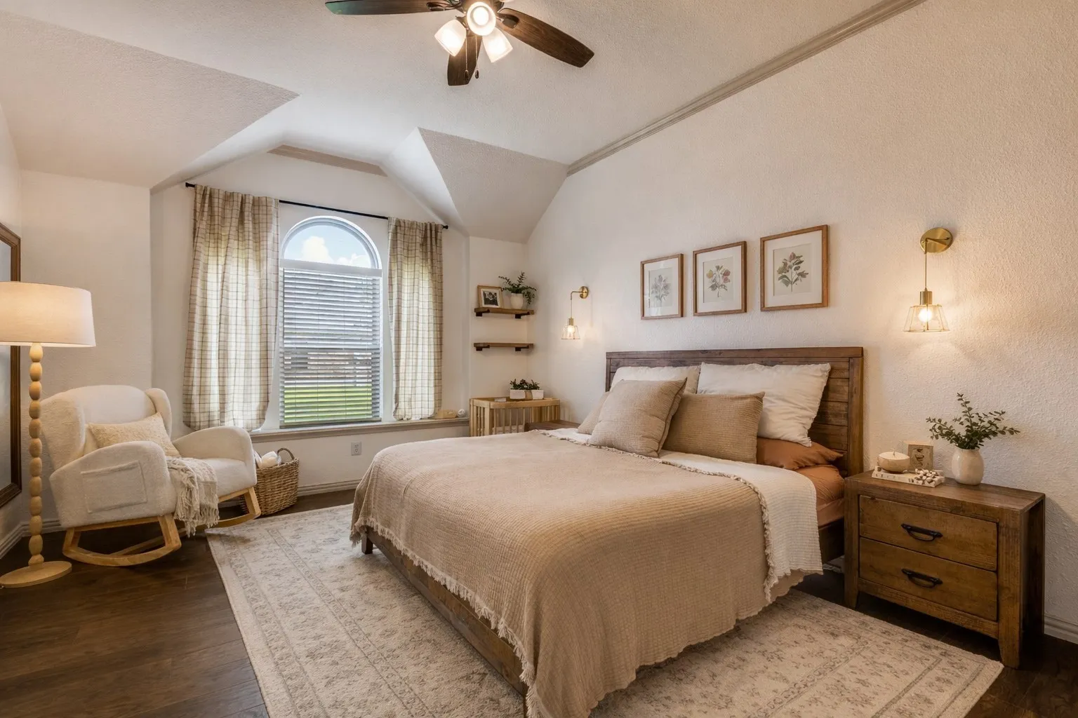 This bedroom features dark wood flooring, a decorative area rug, and a ceiling fan