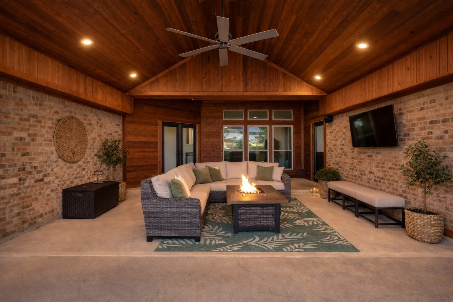This property features an expansive covered patio with a vaulted wood plank ceiling, recessed lighting, and a ceiling fan
