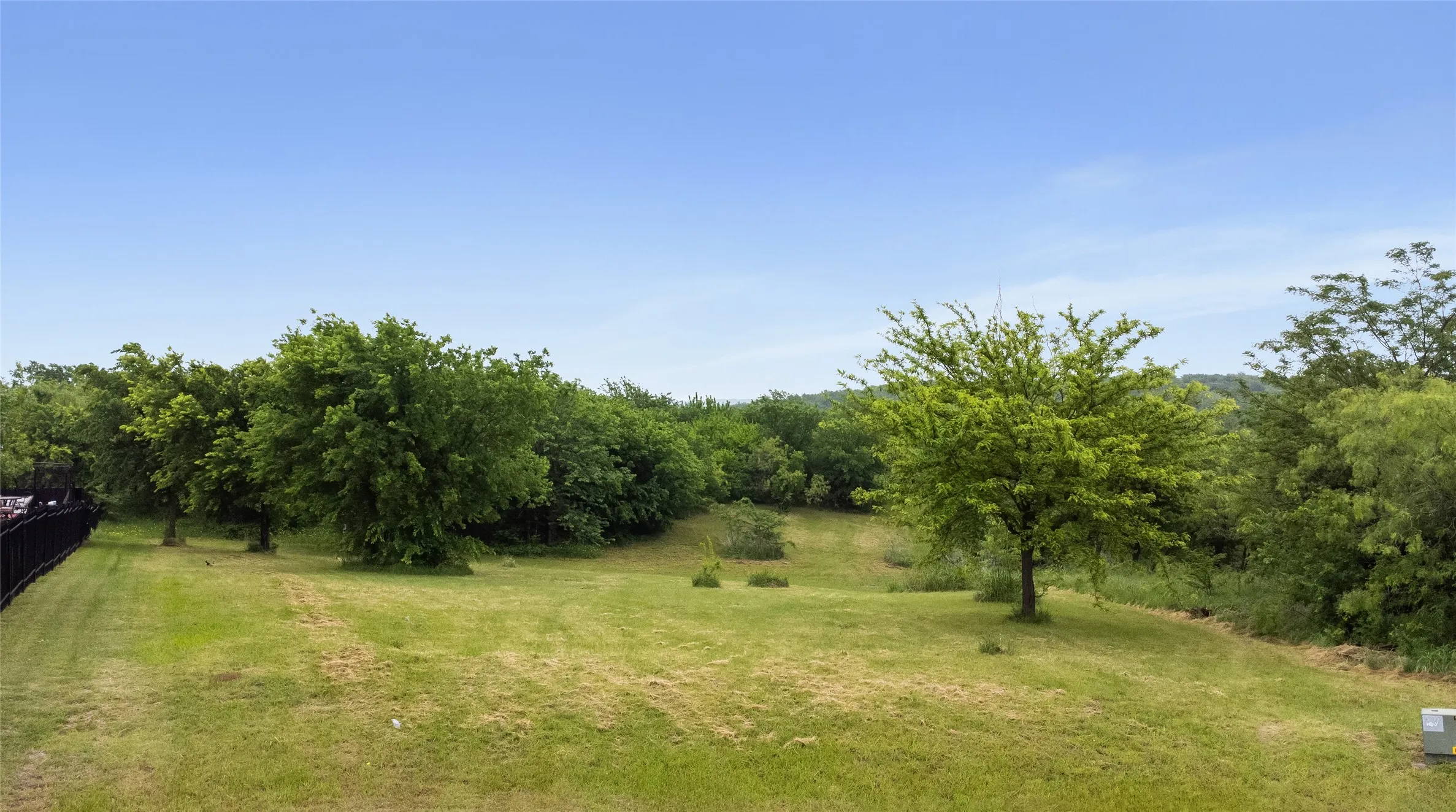 Expansive green space featuring scattered trees and a black metal fence