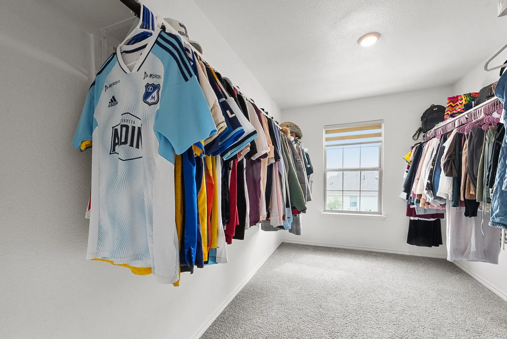 Spacious closet featuring wall-mounted garment rods, light gray carpeting, a double-hung window with blinds, and an overhead recessed light