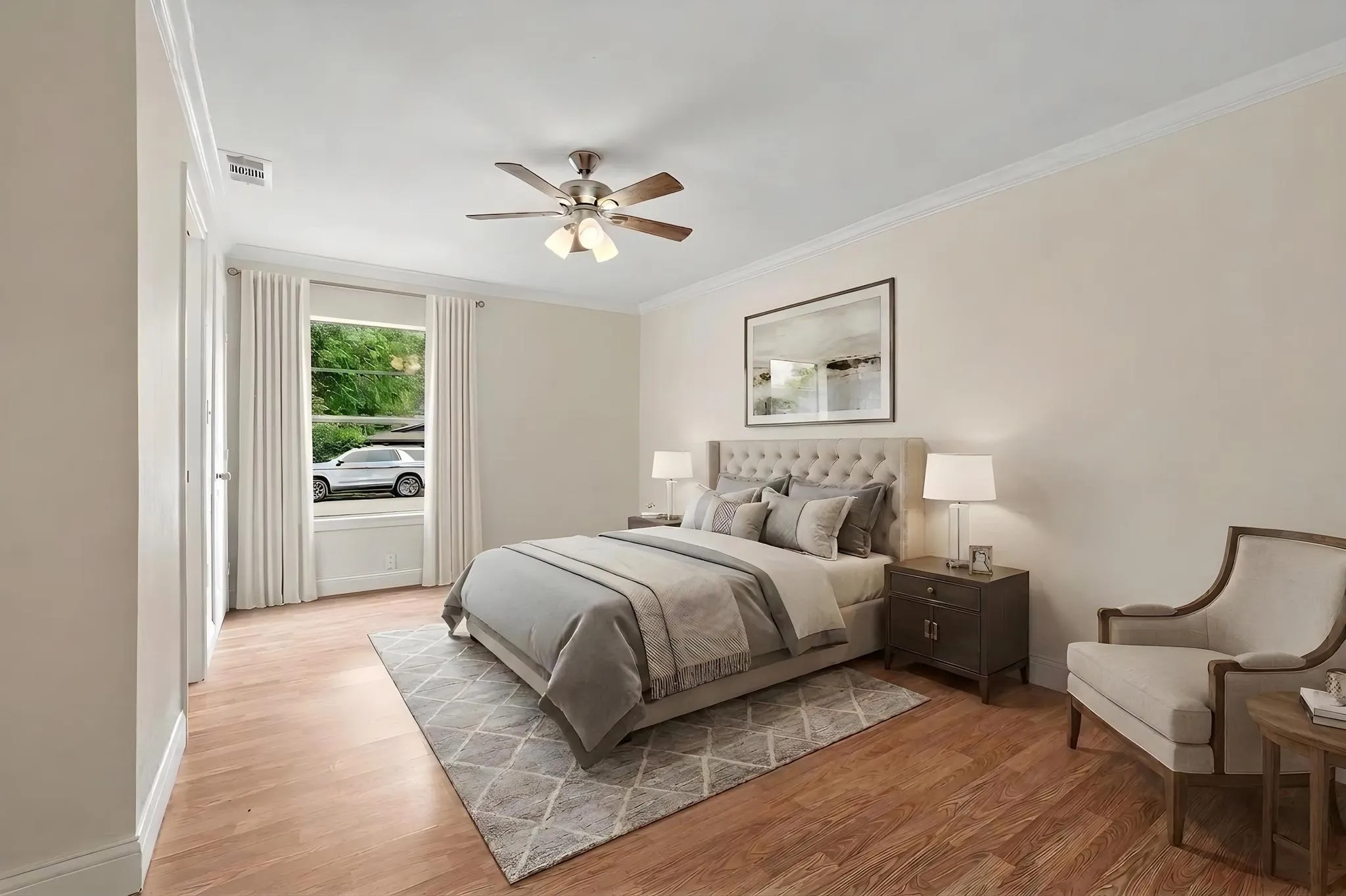 Virtually staged primary bedroom