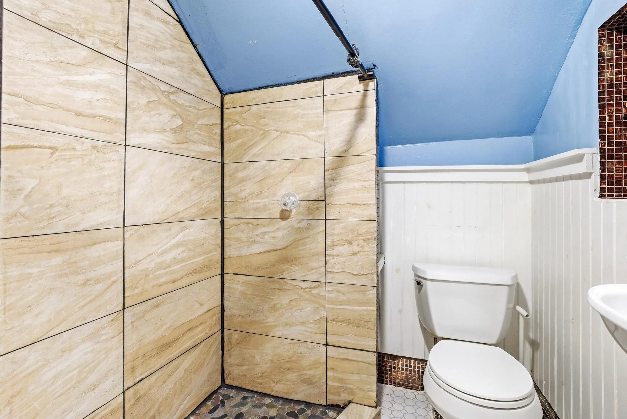 Bathroom featuring a shower with stone tile walls and a pebble floor, a white toilet, and white wainscoting