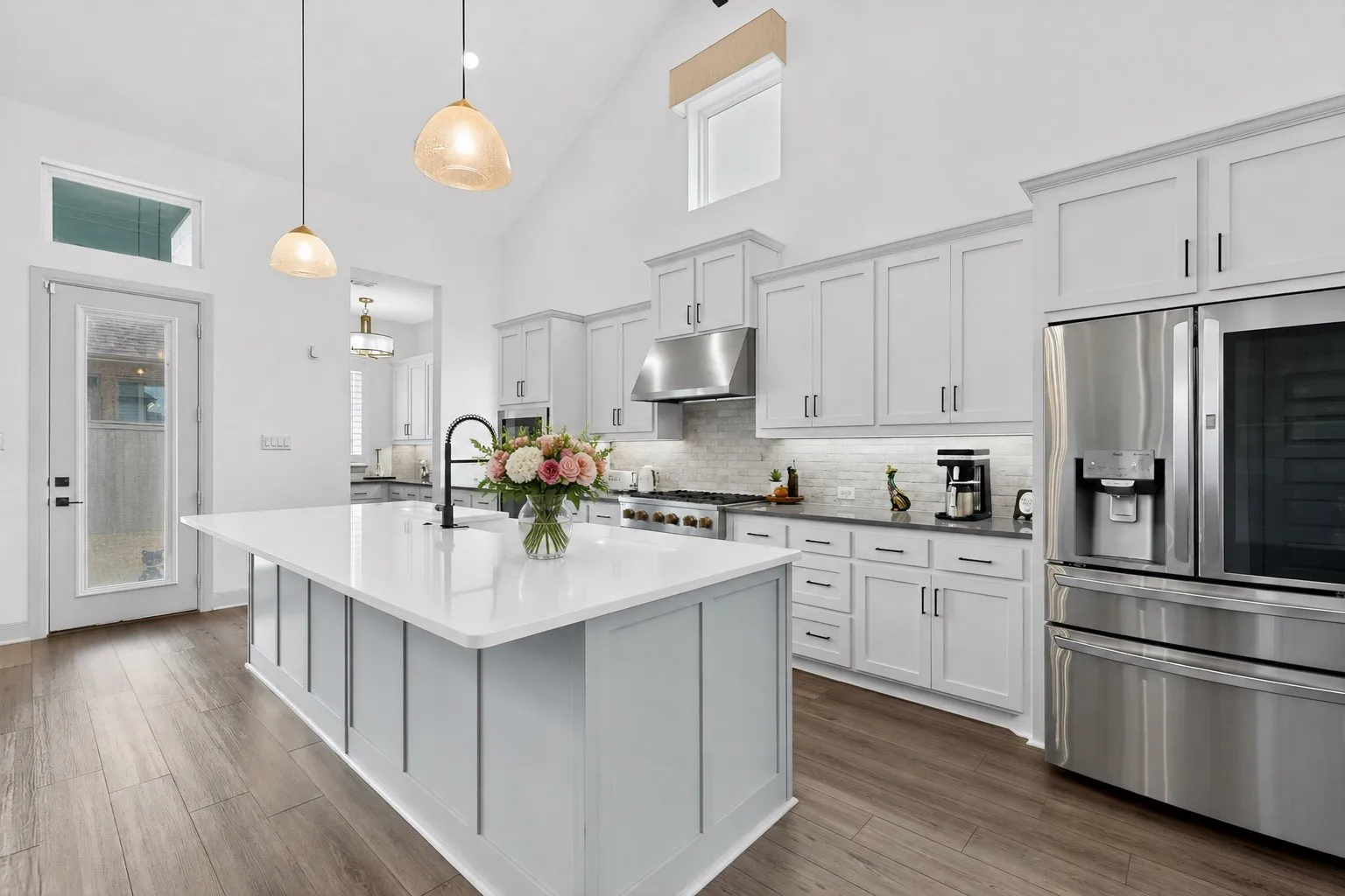 gas stove, stainless steel appliances and granite countertops
