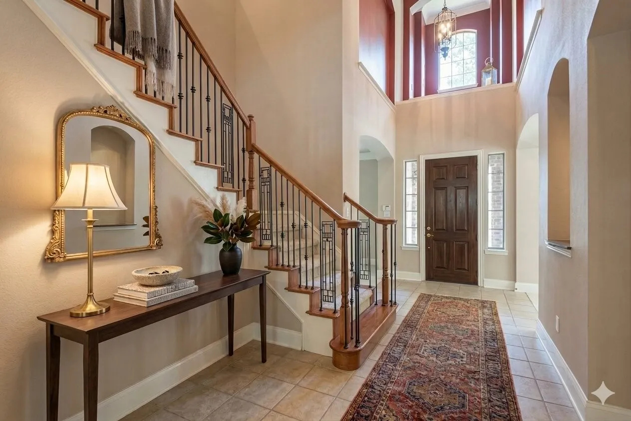 Gracious foyer featuring a dark wood front door with sidelight windows, tile flooring, and a grand staircase with wood handrails and wrought iron balusters