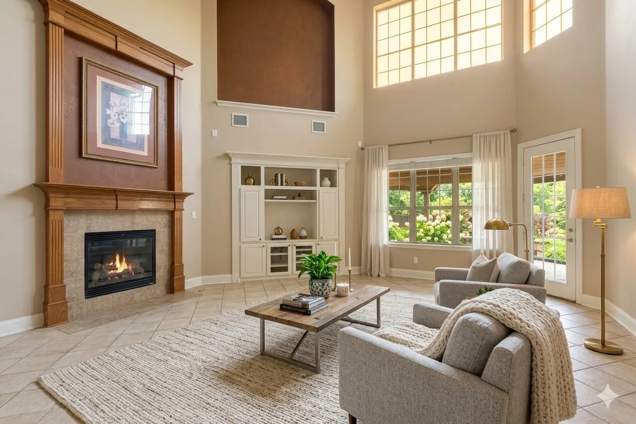 Two-story living area featuring a prominent fireplace with a wood mantle, built-in cabinetry, large windows, and a glass-paned door
