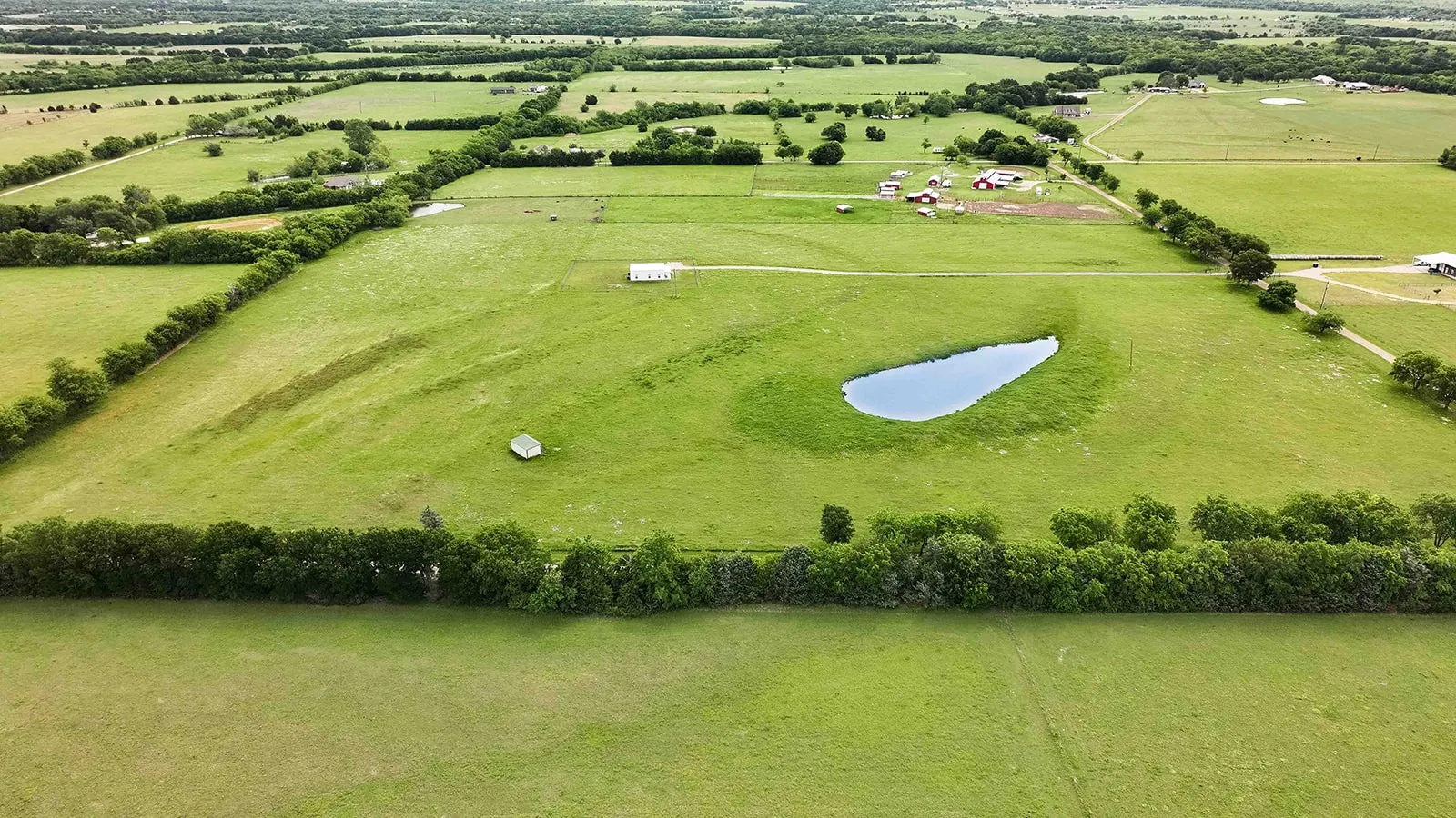 Expansive green pastures featuring a private pond, mature tree lines, and distant structures
