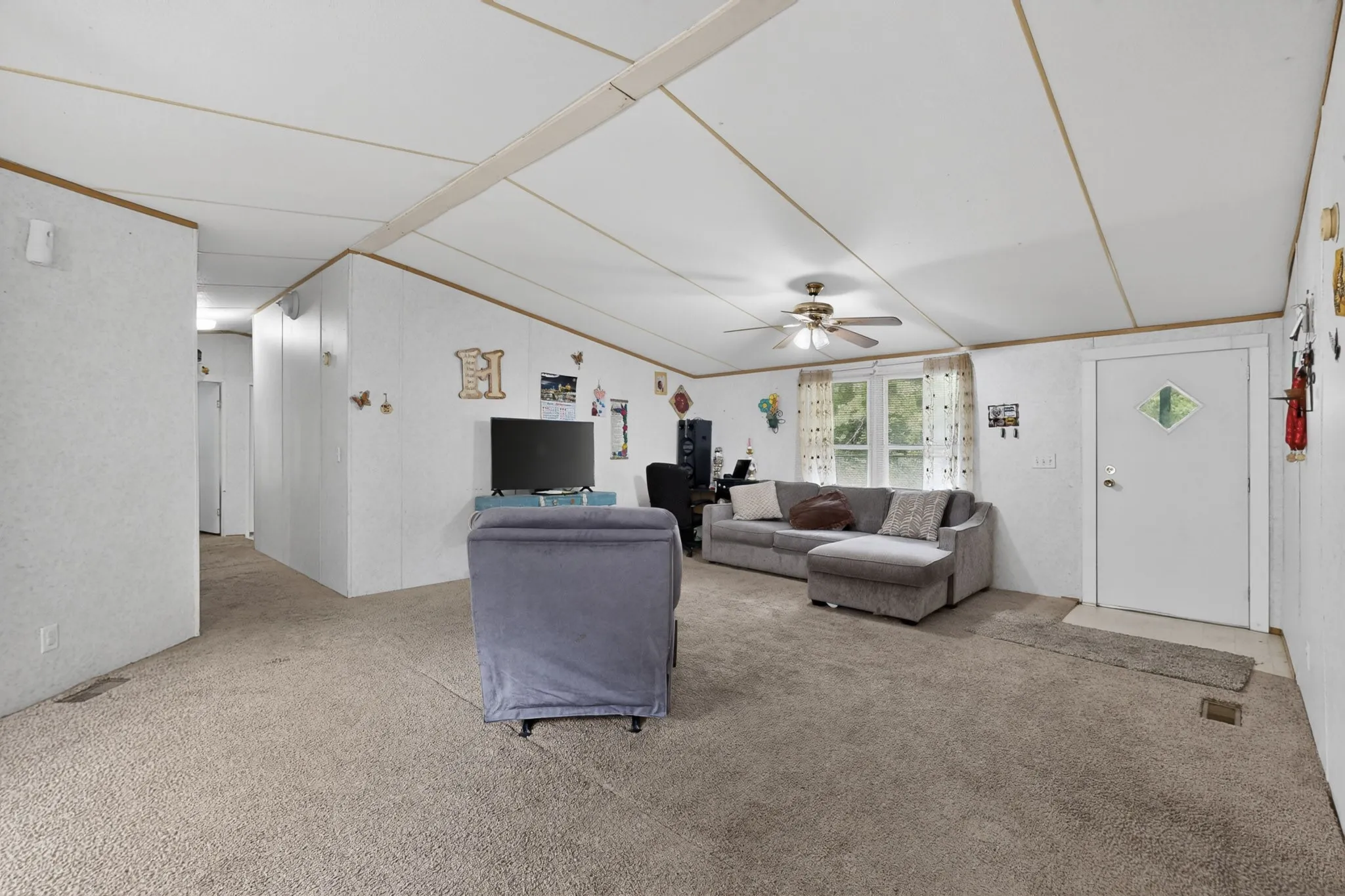The living area features carpeting, a ceiling fan, and a window providing natural light