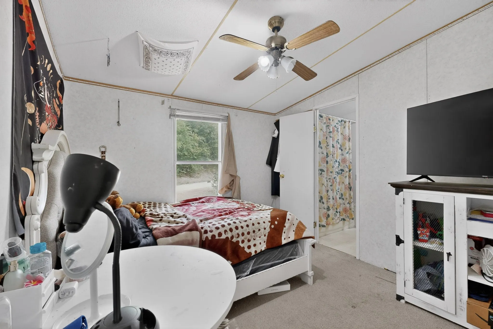 The property features a bedroom with a window providing views of natural surroundings, a ceiling fan with integrated lighting, and carpeted flooring