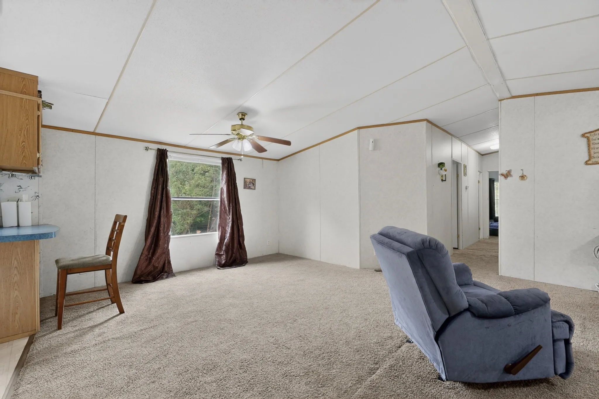The interior features neutral carpeting throughout, a window with dark curtains, and a ceiling fan with light fixture