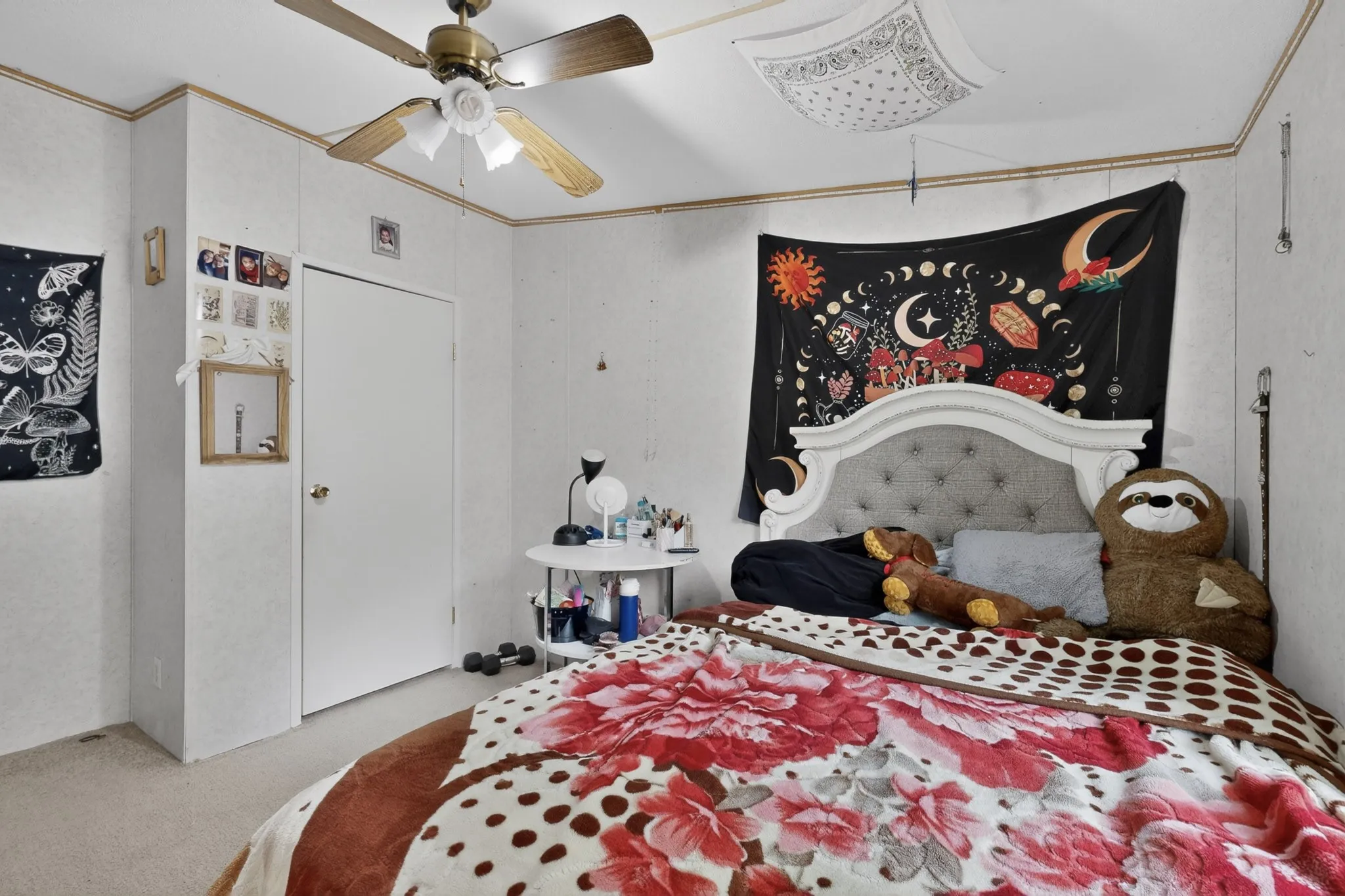 The room features a ceiling fan, a white door, and light-colored walls