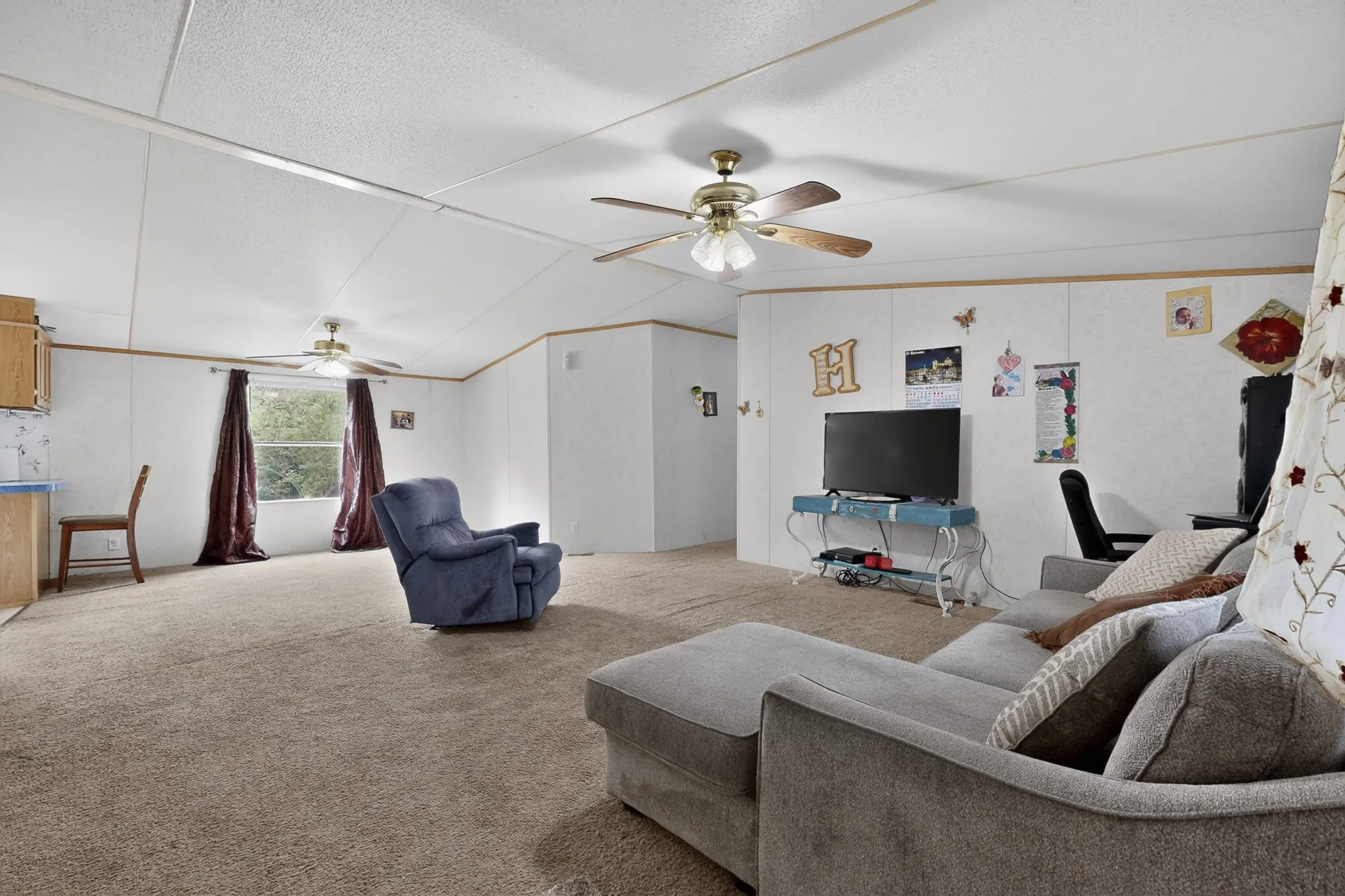 Expansive living area featuring carpeted floors, a ceiling fan, and window with curtains