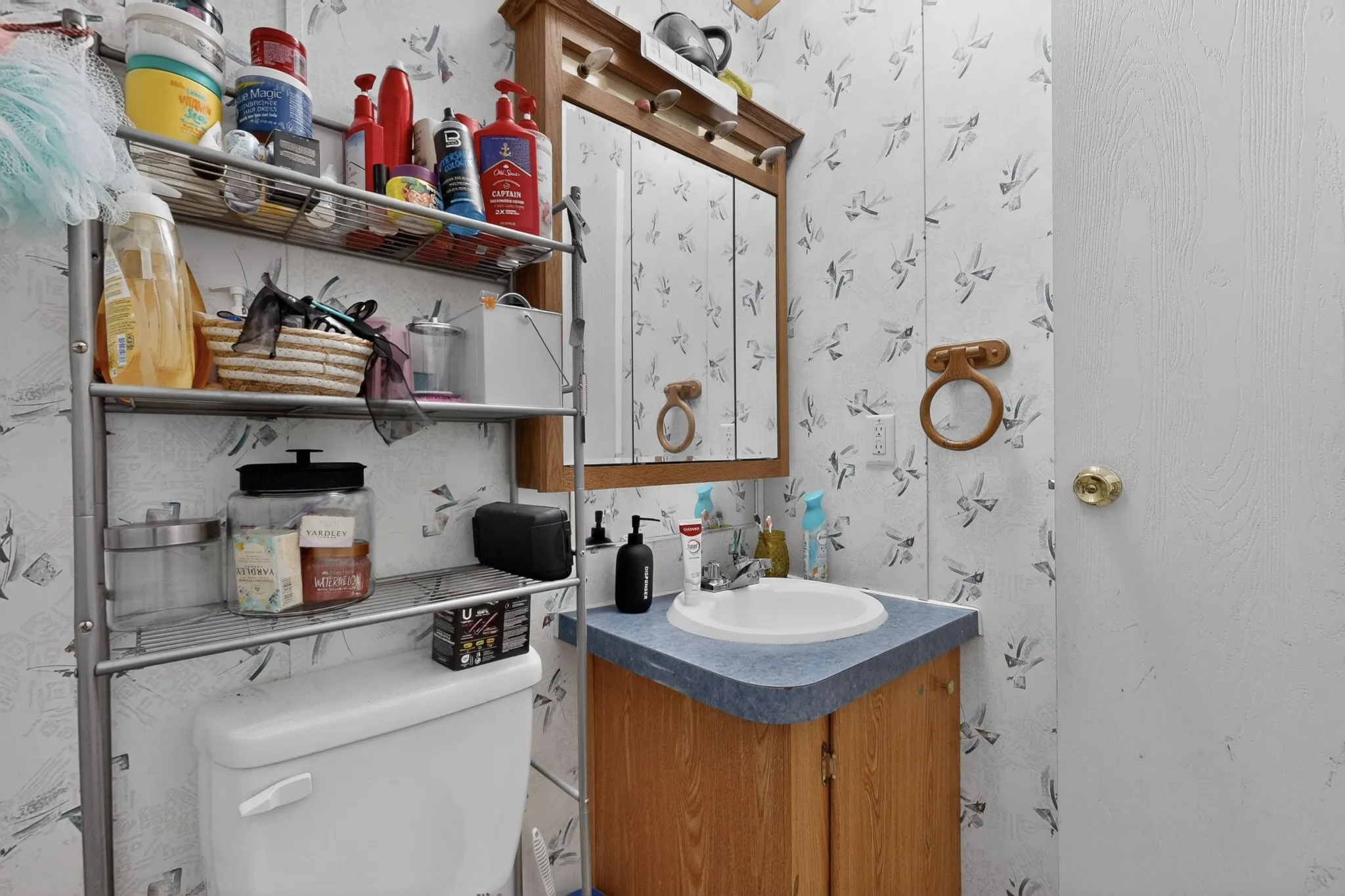 The bathroom features a cabinet vanity with a countertop and an integrated sink, a wall-mounted medicine cabinet with a mirror, and a toilet
