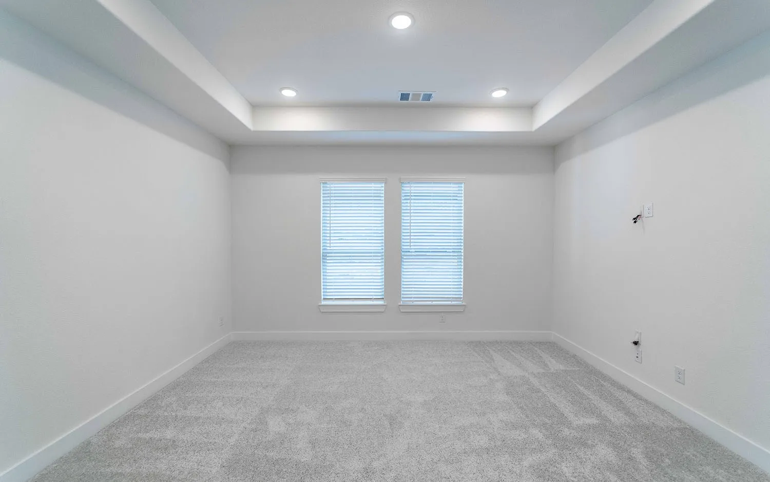 Spacious room featuring a tray ceiling with recessed lighting, two windows with blinds, light-colored carpeting, and white baseboards