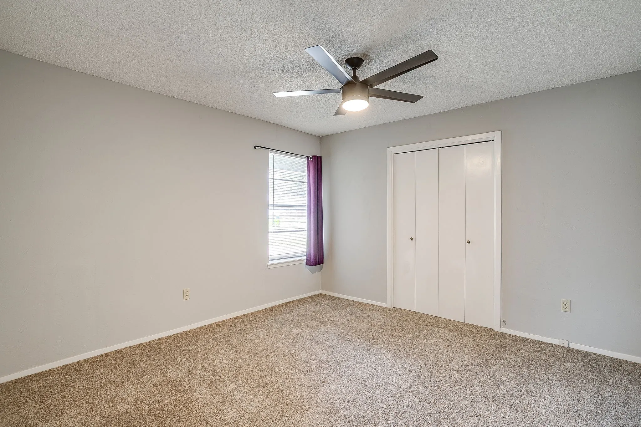 This room features plush carpeting and light-colored walls, providing a neutral canvas