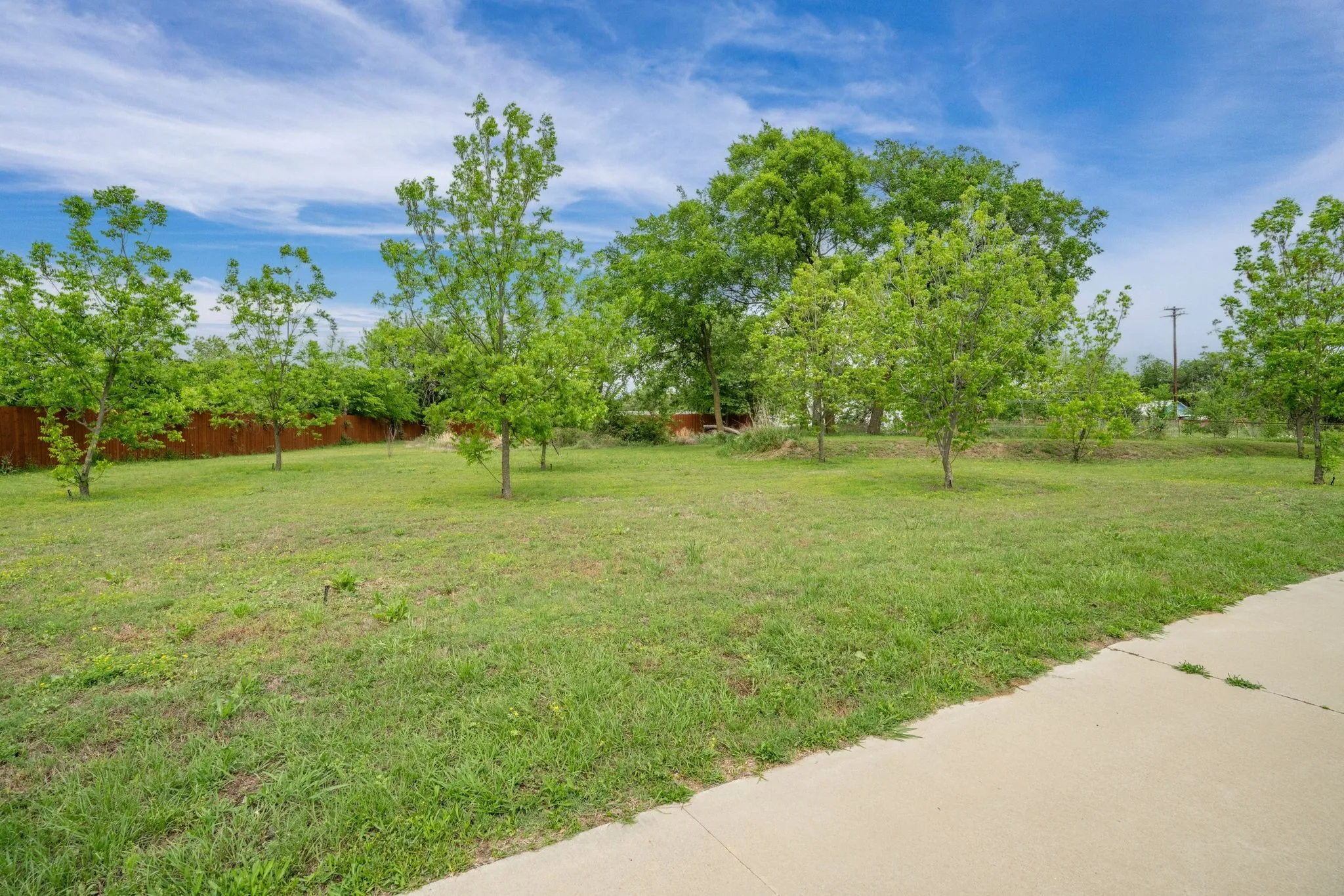 Expansive grassy yard featuring multiple young trees and a perimeter fence