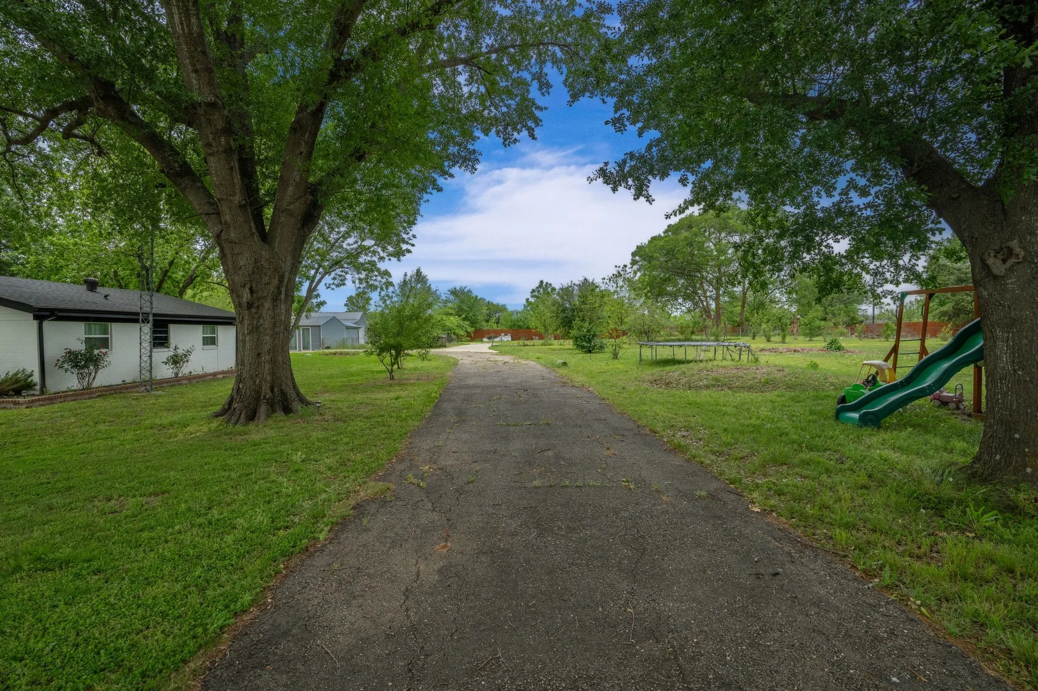 Paved driveway bordered by mature trees and manicured lawns